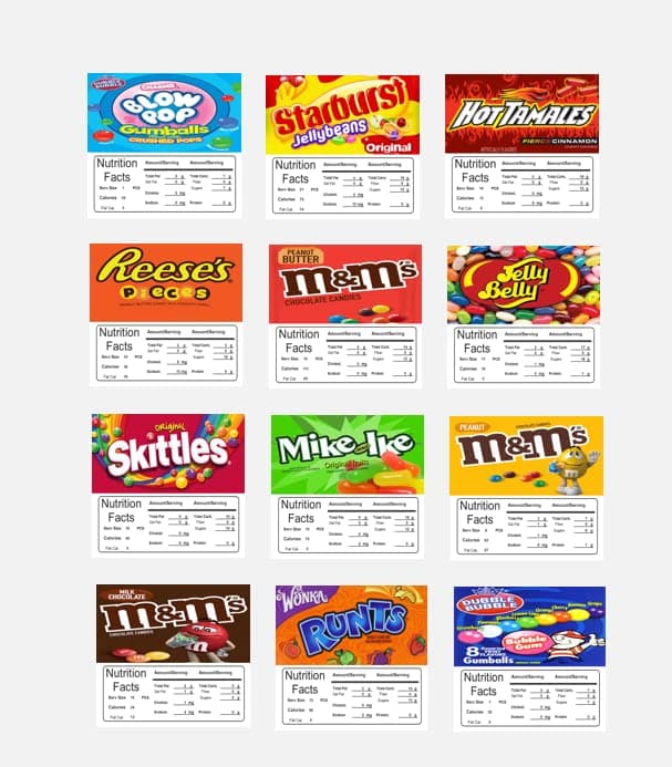 Candy Vending Machine Labels Stickers 2.5" Square with Nutrition (12 Pack)