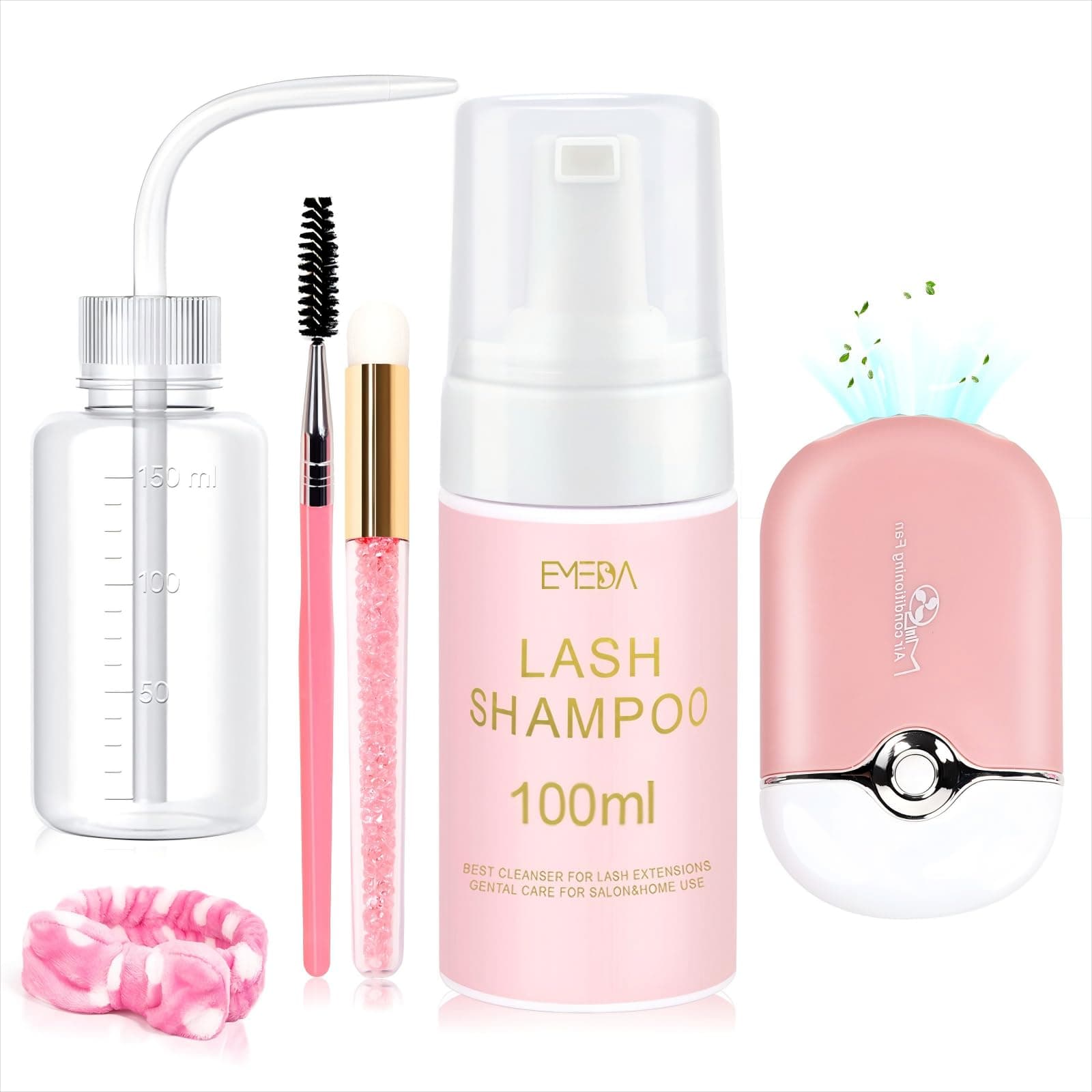 EMEDA Lash Shampoo for Lash Extensions Lash Cleaning Kit with Lash Fan Dryer, Brush, Wash Bottle, Hair Band, Oil Free Foam Soap Cleaner Lash Bath Kit, Lash Wash Eyelash Extension Cleanser