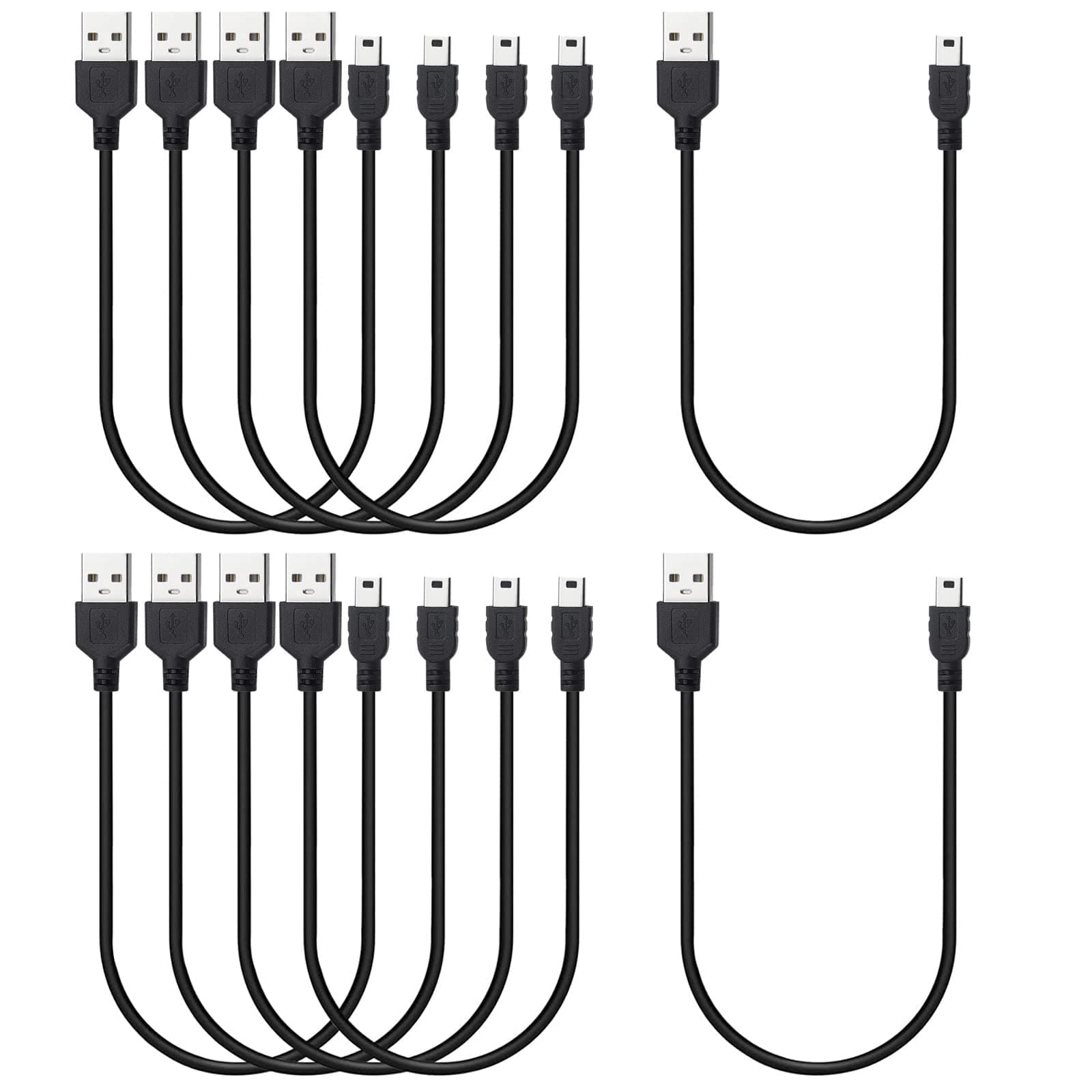 Mini USB Cable 1ft 10-Pack Bulk, Short Mini-B Charger Cord Black