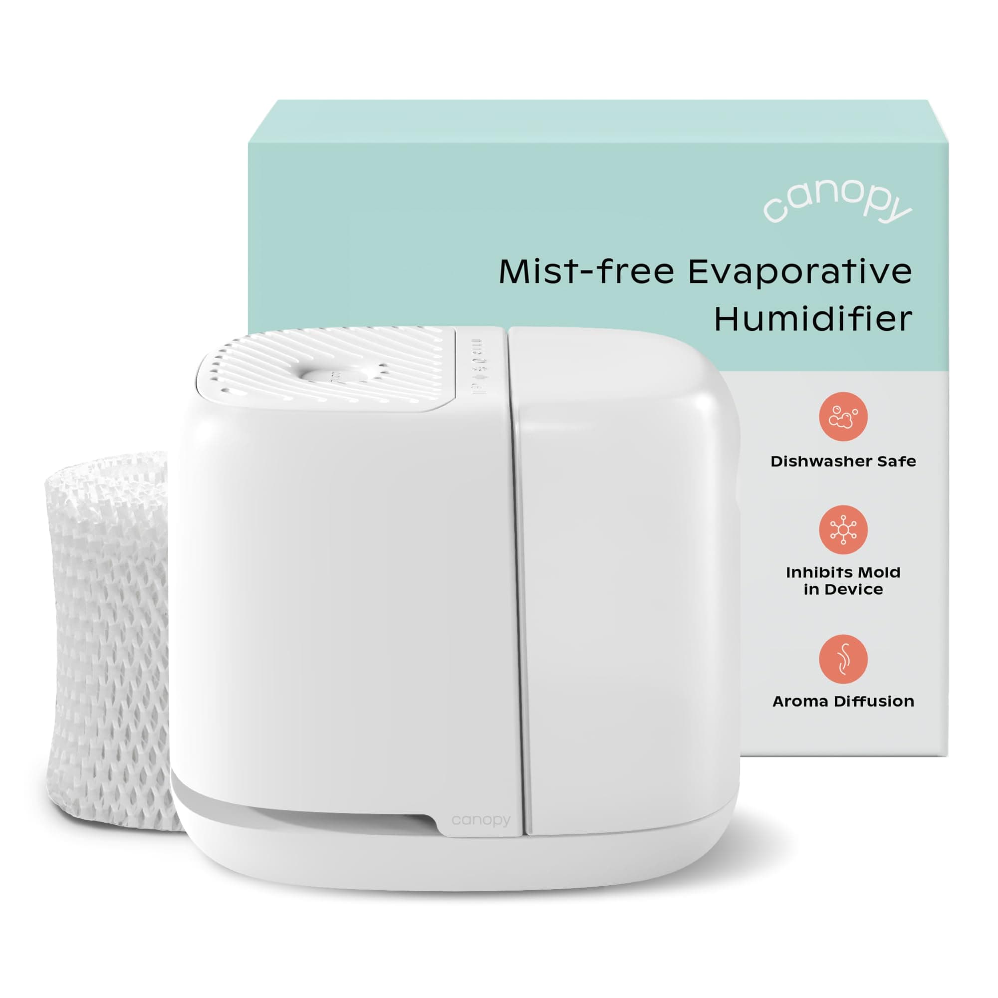 - Canopy Bedside Humidifier 2.0, White, 36 HR Run Time, 2.5L Capacity - Reading Light & White Noise - Alleviate Symptoms of Allergies, Flu, Cold, Dry Skin - Humidifier, Filter, Power Cord & Adapter