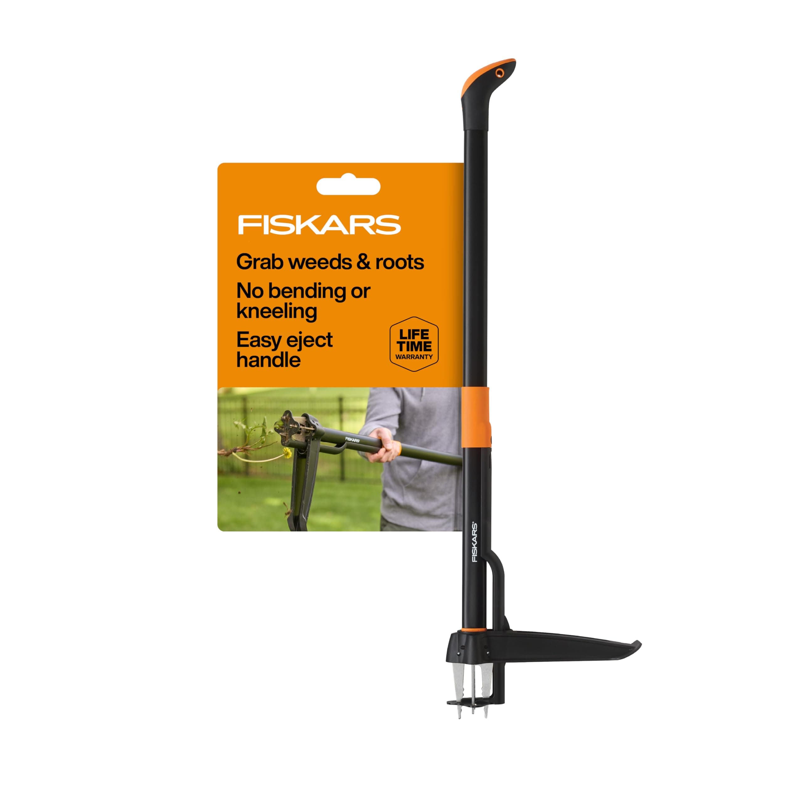 Fiskars Stand-Up Weed Puller Tool, 4 Serrated Stainless Steel Claws Grip Roots for Permanent Removal, Reinforced Foot Platform Penetrates Tough Soil, Easy-Eject & Ergonomic Offset Handle, 39"