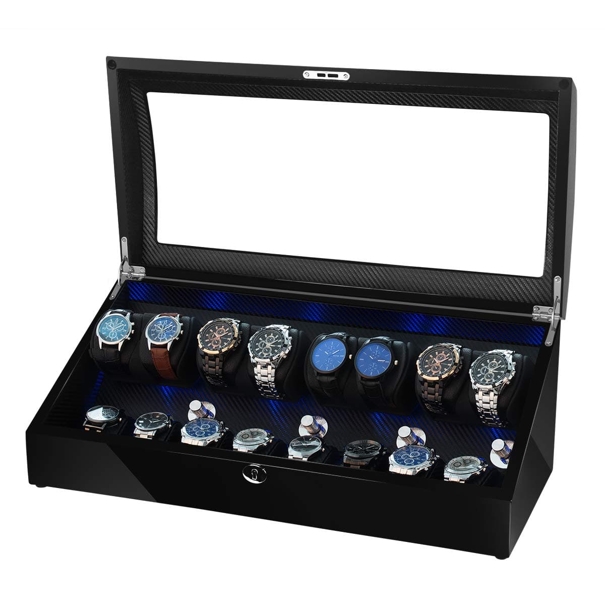 TEEMING AUBLAN Wooden Automatic 8+8 Watch Winder Box with LED Light (WW-8224-BB-BP)