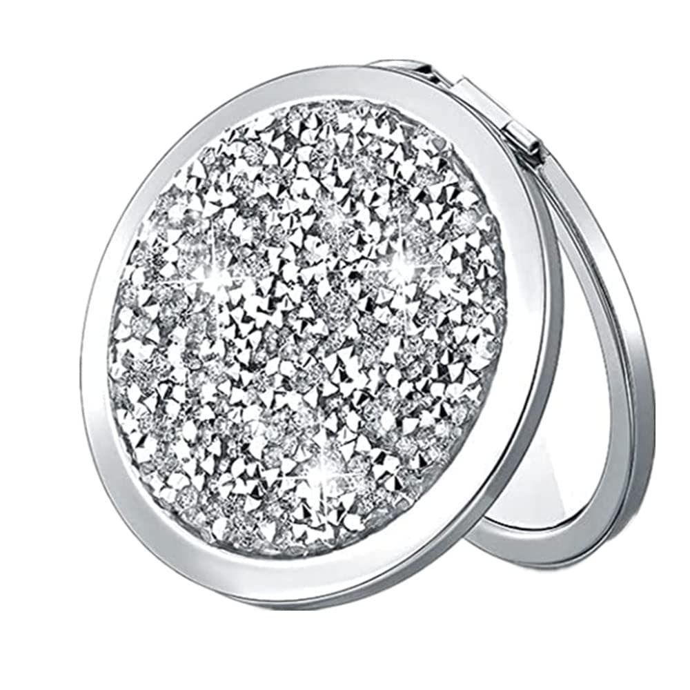 mpowtech Magnifying Silver Compact Mirror - Mix Diamond Mirror 1x/2x Magnification Travel Makeup Mirror,Double Sided Small Pocket Mirror,Folding Purse Mirror,Cosmetic Mirror for Gift