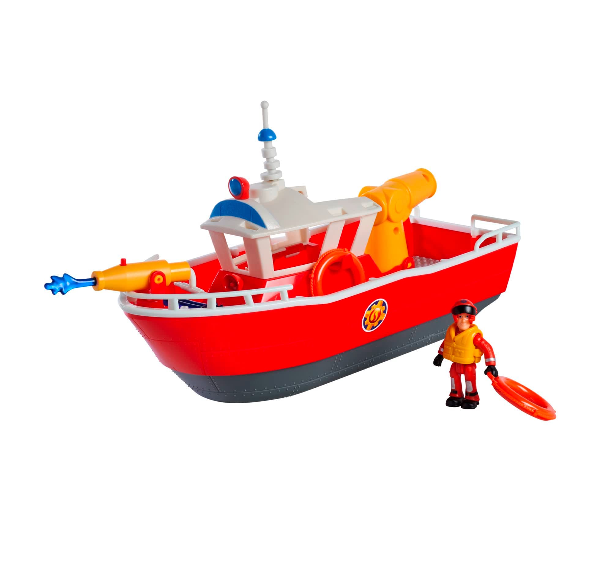 Simba 109252580 - Firefighter Sam Fire Boat Titan 32 cm Floating Toy Boat, from 3 Years, You can Play with it Both on Land and in Water, Bath Toy with Firefighter Figure, Red