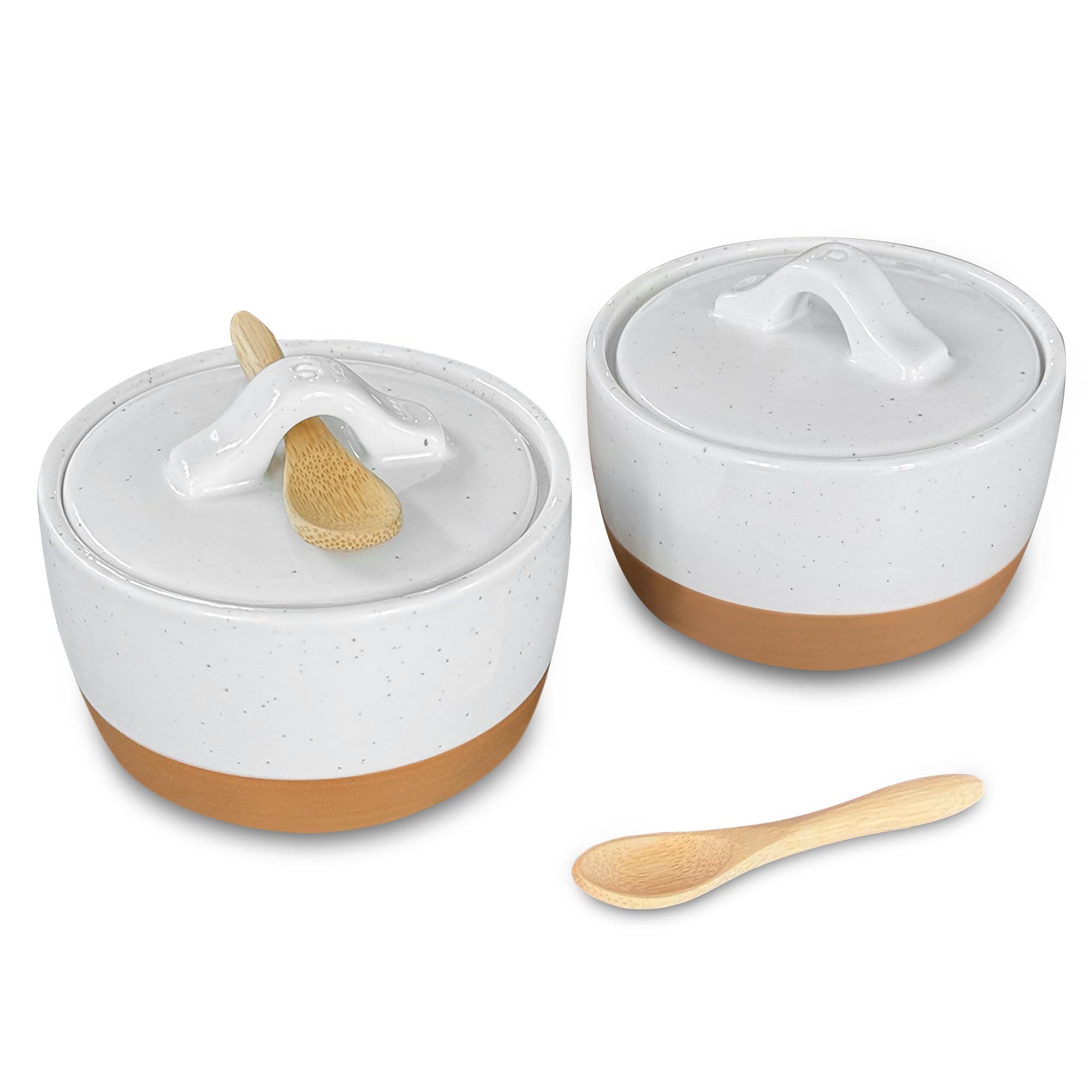 Mora Ceramic Salt and Pepper Cellar Set with Lid - 10 oz Modern Canister/Container/Bowl for Storage, Sea Salt, Spice, Sugar, Countertop - Small Dish/Jar with Wood Spoon, White Crock