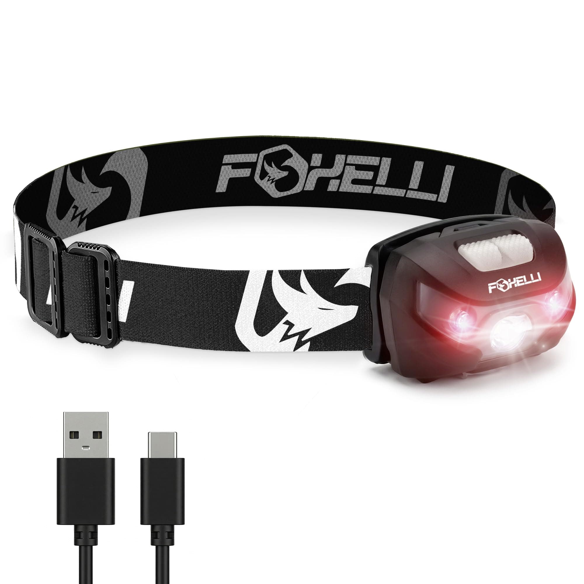 Foxelli USB-C Rechargeable LED Headlamp – Super Bright, Lightweight Head Lamp for Running, Camping, Hiking & Work – Comfortable Fit for Adults & Kids