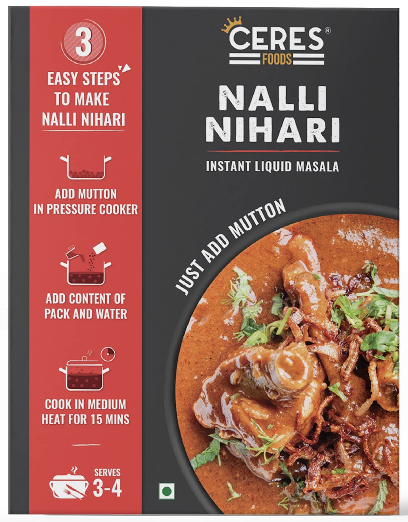 Delhi Nalli Nihari Instant Liquid Masala ​|Mutton cooking paste| Curry Paste | Curry Mix | Shipped Fresh | Ceres Foods Nalli Nihari Ready to Cook Gravy | Masala |​Mutton Masala​|​Meat Masala|Nihari Masala |​Nihari​ ​Paste​ | Mughlai Masala |​ Easy to cook | 3 steps Recipe | Mutton ​Nihari Gravy | Mutton Masala​ | ​Ready in 15 Mins | Serves 4 |​ 21 spices | Authentic spices​ ​|​​ ​No Preservatives, Colours or Artificial Flavours​ |​ 200g | Just add Mutton