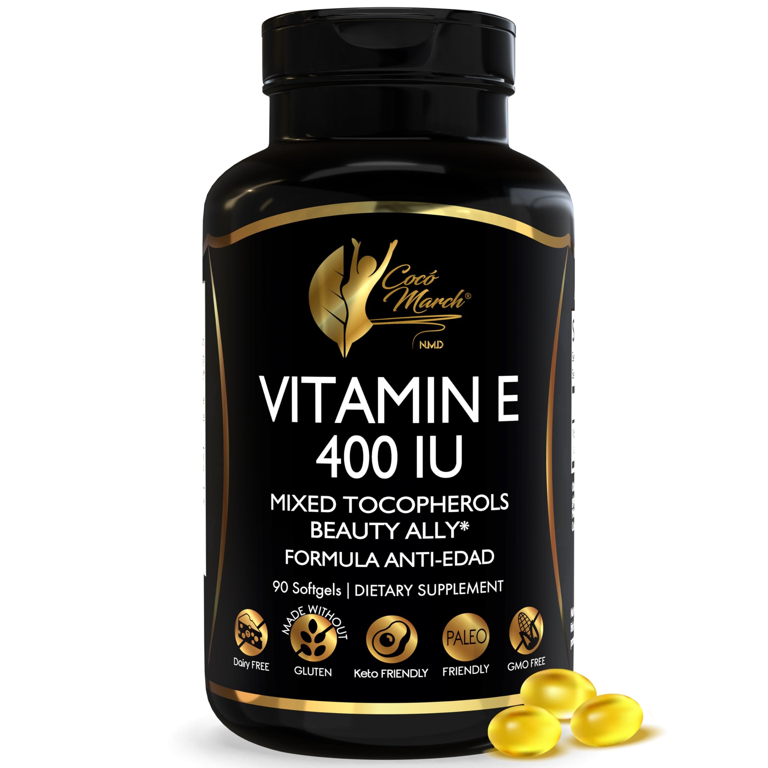 Coco March N.M.D Natural Vitamin E 400 IU Mixed Tocopherols – Immune Support Supplement for Heart, Skin & Eye - Antioxidants for Women & Men, Gluten Free & Dairy Free, 3-Month Supply, 90 Softgels