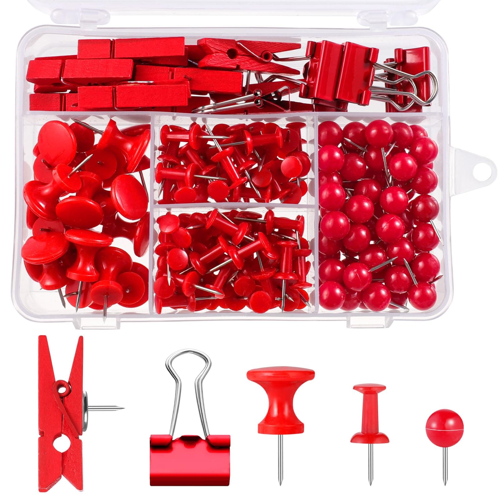 200 Pieces Push Pins, 5 Style Red Thumb Tacks Decorative Push Pins for Cork Board Office Wall Bulletin Board Craft Project Home Supplies