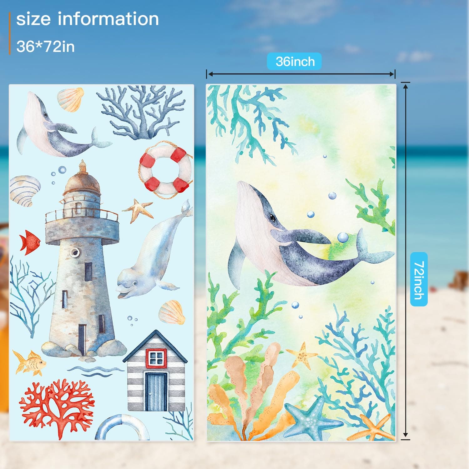 Airensky 2 Pack Microfiber Beach Towel, Oversized Pool Towel 72" x 36", Sand-Free Beach Towel, Quick Drying, Super Absorbent, Soft Breathable, and Lightweight for Beach, Camping, Hiking(Lighthouse)