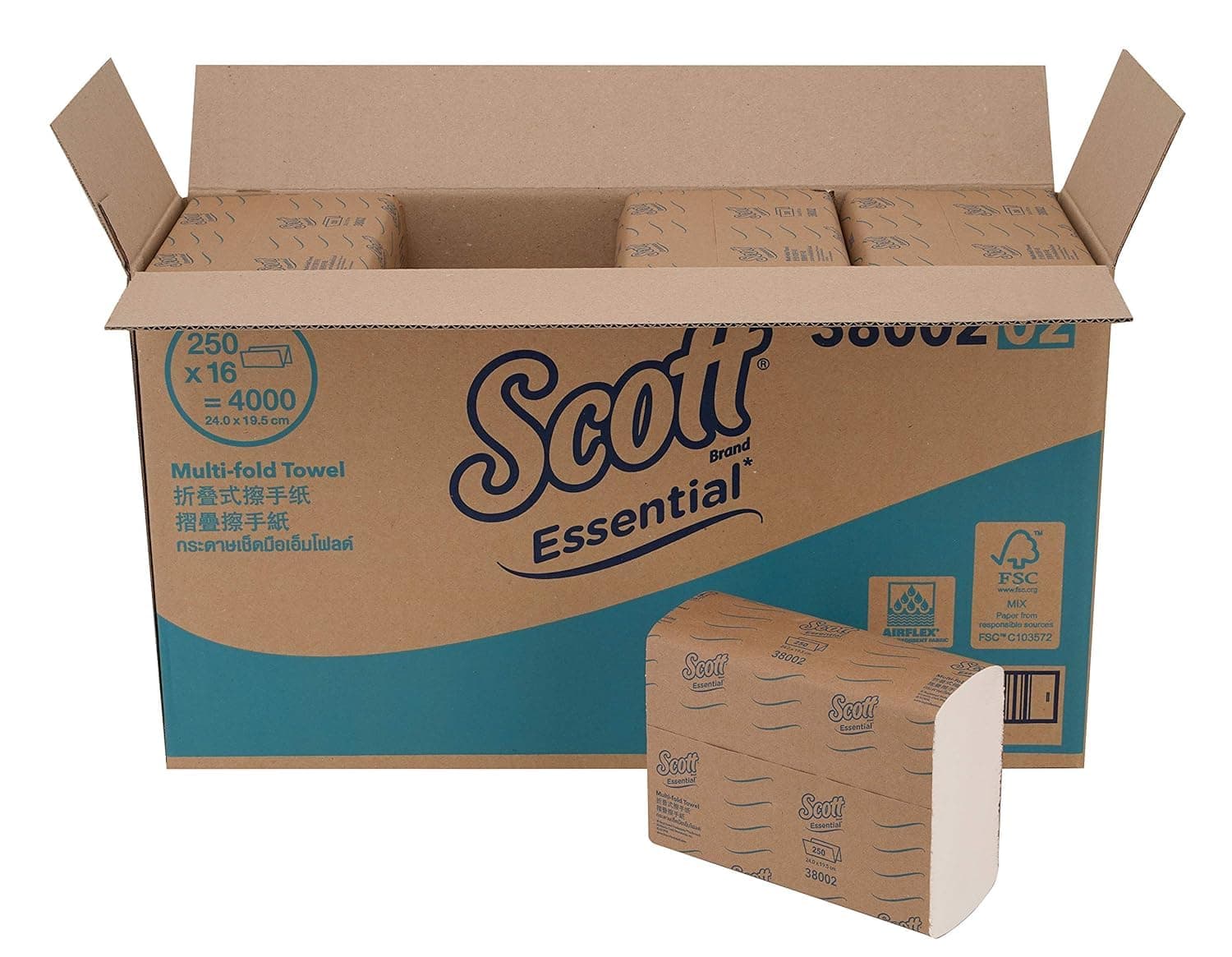 Scott Essential Multi Fold Hand Towel 38002C - M Fold Towel - 16 Packs x 250 Sheets - White Folded Towel Sheets 22.3 X 20.4 cm (4000 Total)