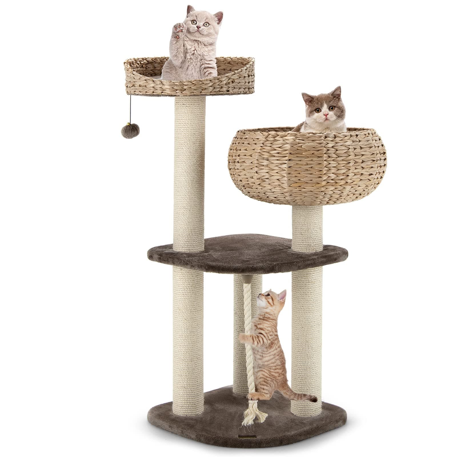 PETSITE 41 Inch Modern Cat Tree for Indoor Cats, Multi-Level Cat Tower with Scratching Posts, Hand-Made Wicker Cat Condo & Top Perch, Dangling Ball, Sisal Rope, Cute Cat Tree for Indoor Cats