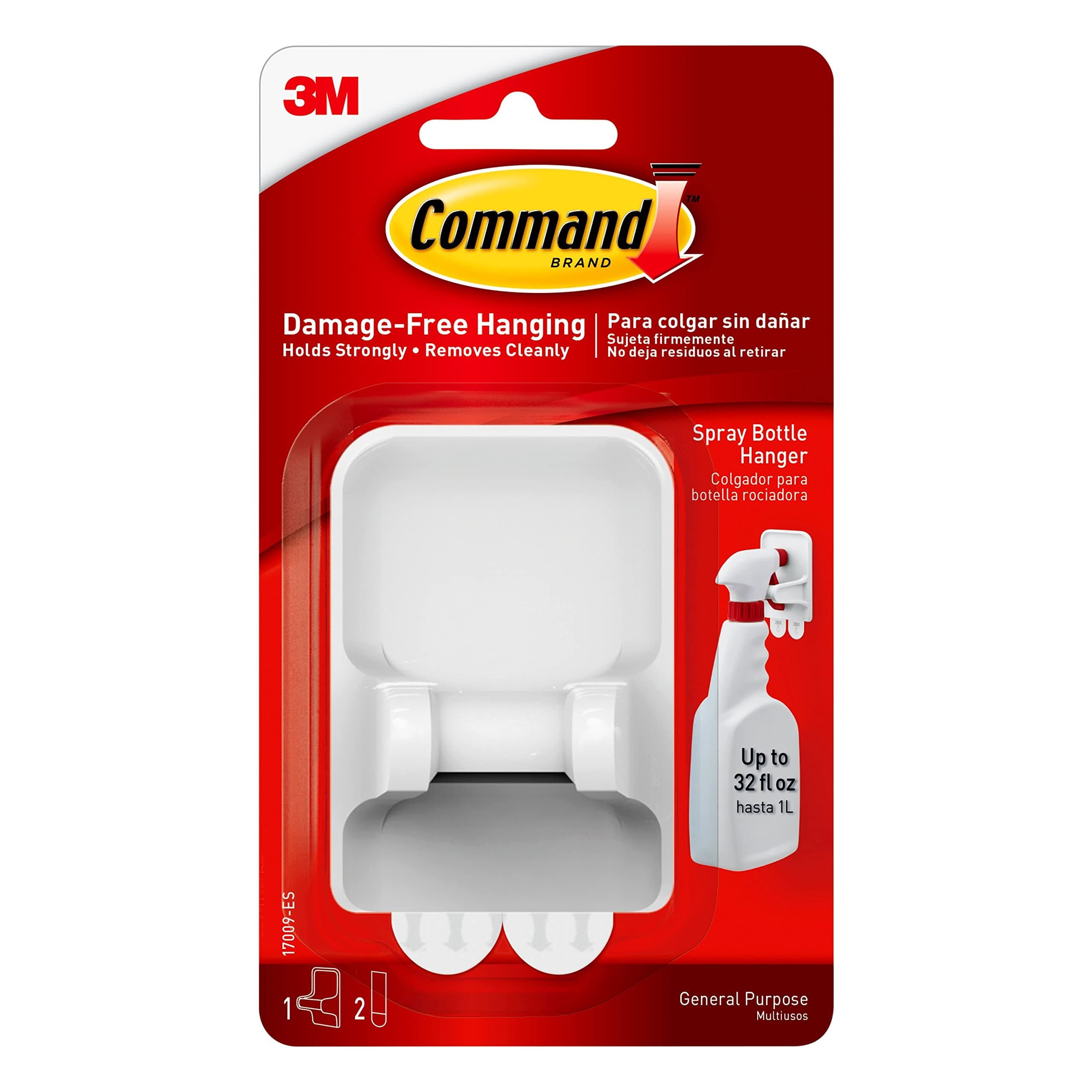 CommandSpray Bottle Hanger, White color, 1 Hanger+2 Strips/Pack | Cupboard Accessory | Organize | Decoration | No Tools | Holds Strongly | Damage-Free Hanging