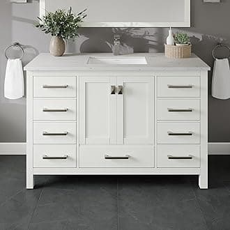 EvivaLondon 48 Bathroom Vanity with Top and Sink - Freestanding 48 Vanity with Sink and Countertop Quartz - White Single Sink Bathroom Vanity W/Porcelain Sink Combo for Modern Bathroom Vanities