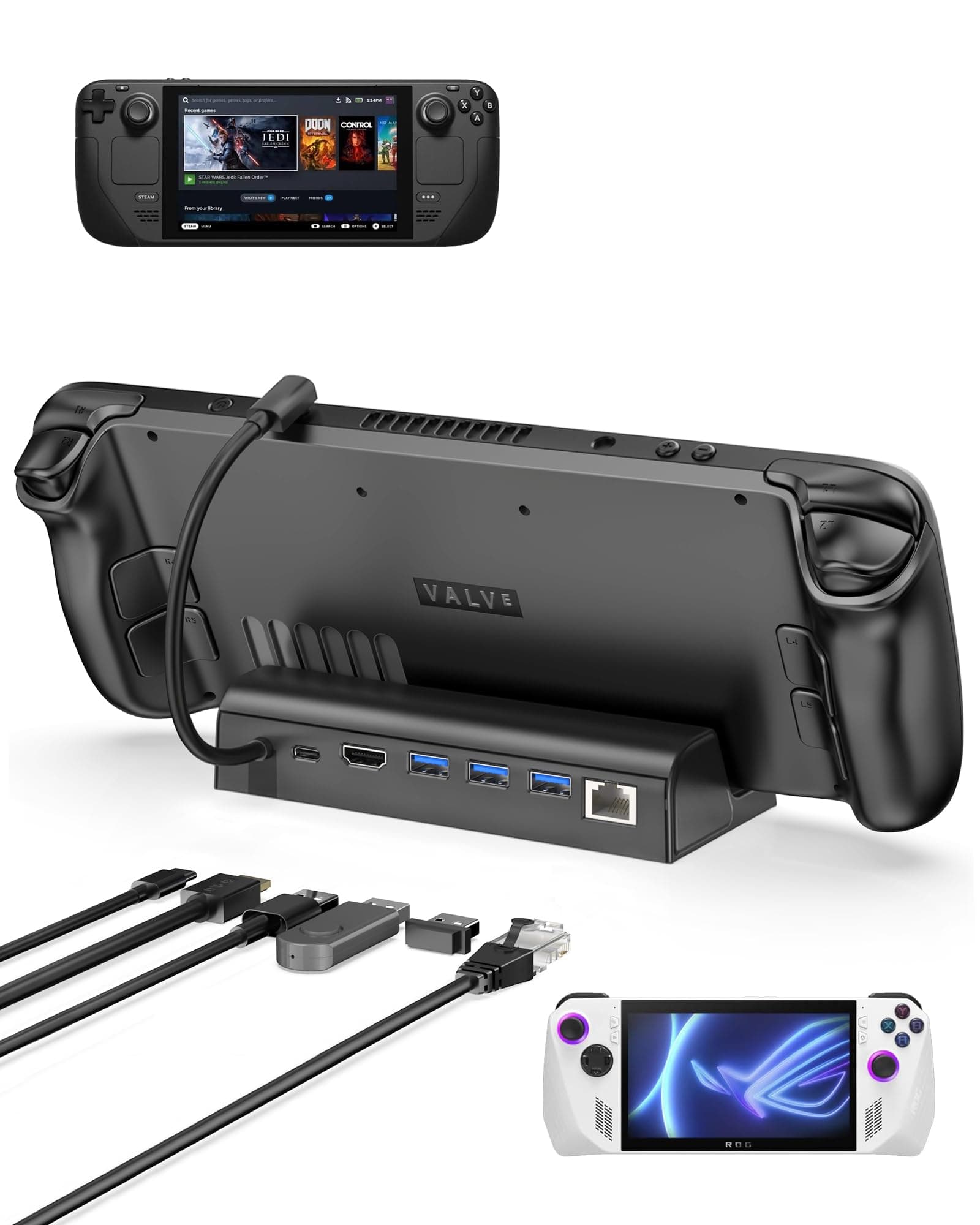 6-in-1 Docking Station for Steam Deck/ROG Ally, Steam Deck Dock with HDMI 2.0 4K@60Hz Gigabit, 1000Mbps Ethernet, 100W PD Fast Charging and 3 USB-A 3.0 USB-C Port for Valve Steam Deck OLED