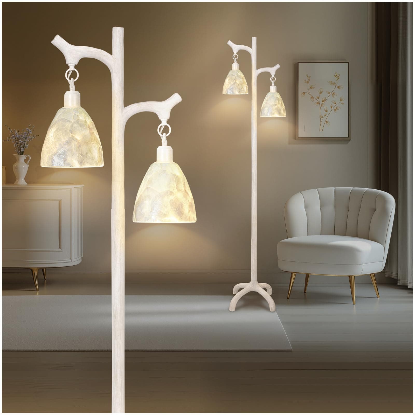 68" Washed White Rustic Floor Lamp with Soft Pearl Shell Lamp Shade for Living Room, Standing Lamp for Bedroom, Farmhouse Floor Lamp Stepless Dimmable Tree Trunk Tall Lamp for Bedroom (Bulb Included)