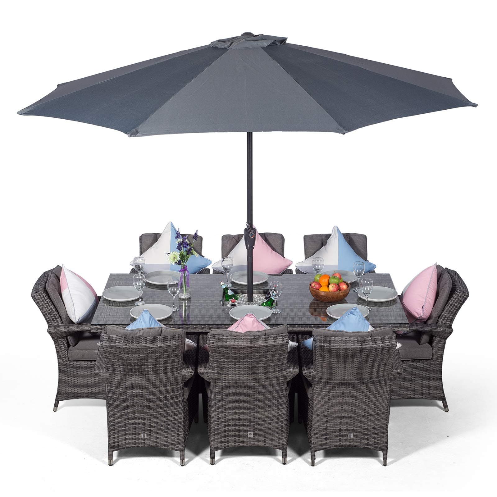 Arizona Large Rattan Dining Set | Luxury Rectangular 8 Seater Grey Rattan Table & Chairs Set with Ice Bucket Drinks Cooler | Outdoor Poly Rattan Garden Dining Furniture Set with Parasol & Cover