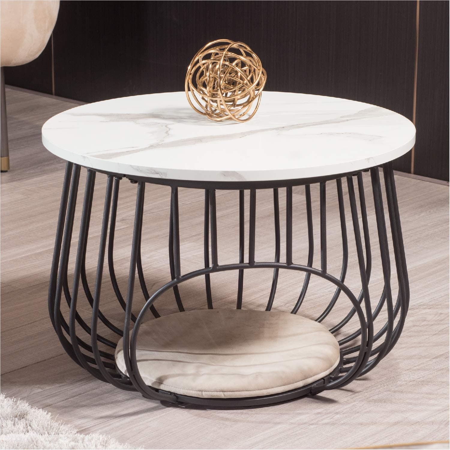 MoncotRound Coffee Table MDF Marble Parrten Top Central Cocktail Table, Accent Table Black Marble Texture with Open Cat House for Living Room, Patio, Balcony, Coffee Table Round ET392R-WHB