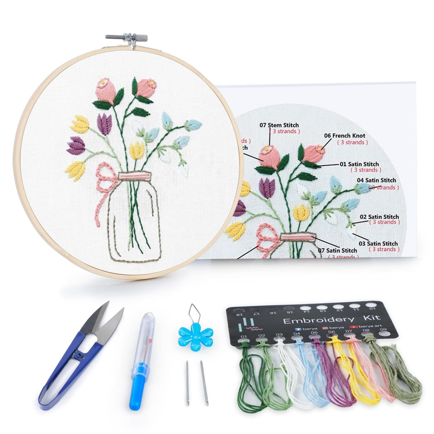 BERYA Flowers Embroidery Kit Including Video Step by Step Instructions Embroidery Hoop,Color Threads and Embroidery Scissors for Beginners-Handmade Needlepoint Kits for Adults