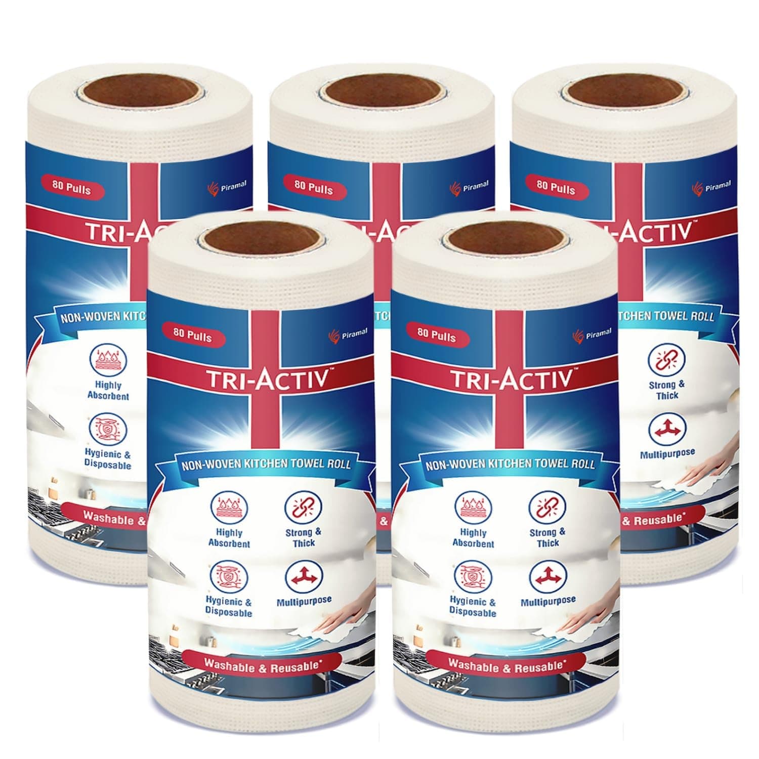 Tri-Activ Washable & Reusable Kitchen Towel Roll | 80 Pulls per Roll, 400 Sheets Pack of 5 | Highly Absorbent Kitchen Tissue Roll | Non Woven Fabric | Better alternative to Paper Tissue Roll | White