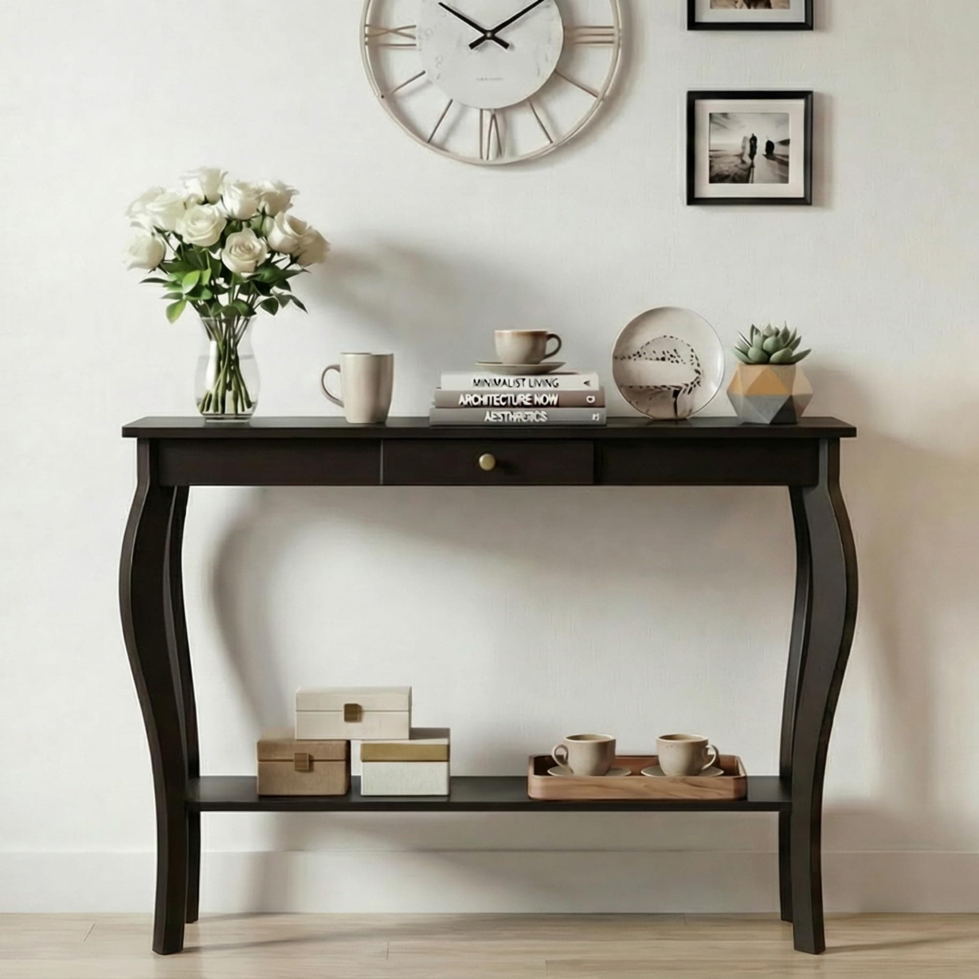 ChooChoo Narrow Console Table with Drawer, Chic Accent Sofa Table, Entryway Table, Black