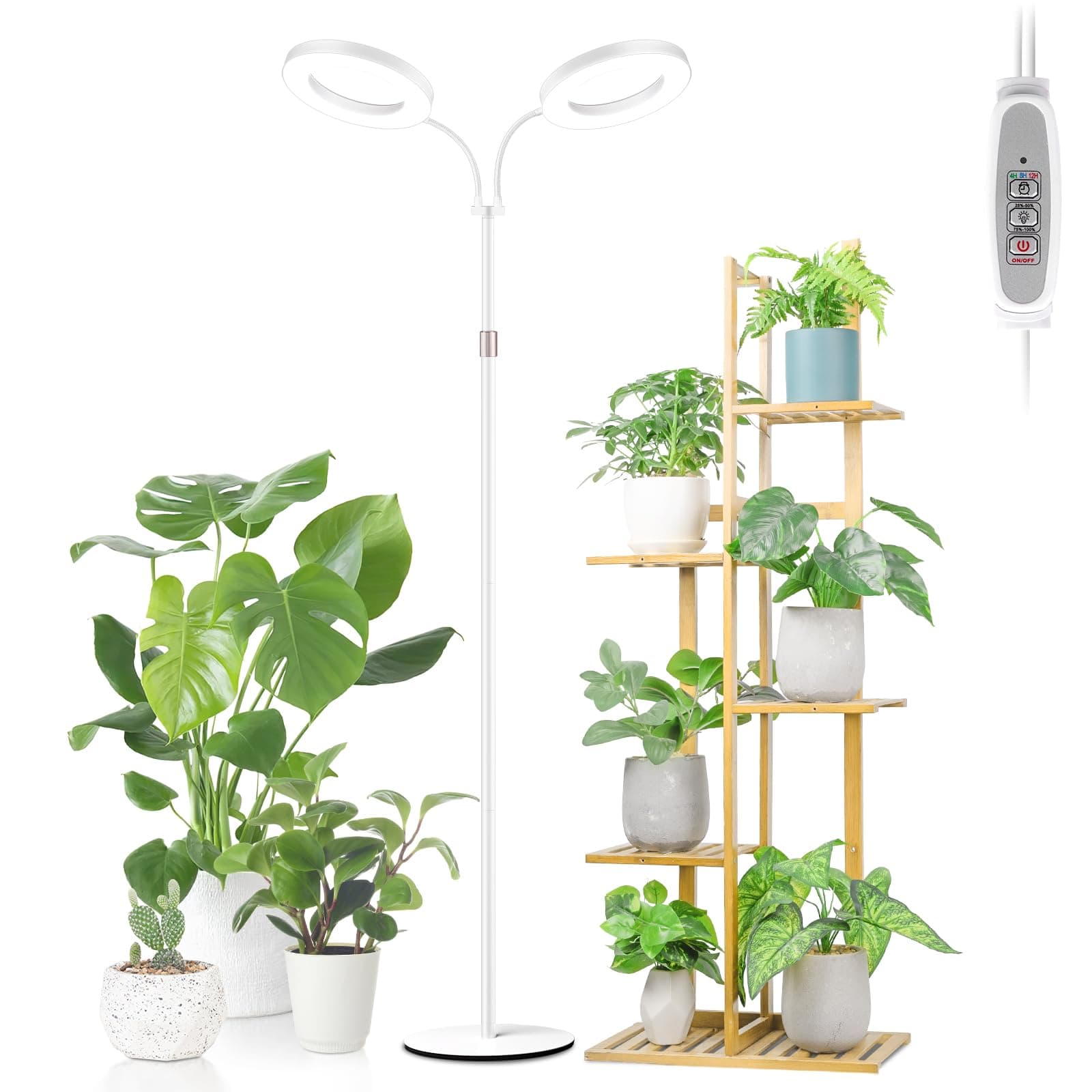 LBW Full Spectrum Grow Light with Stand – Auto Timer (4/8/12H), 4 Dimmable Levels, Adjustable Height (48.8-64.6"), Ideal for Large Indoor Plants, White, Dual-Head