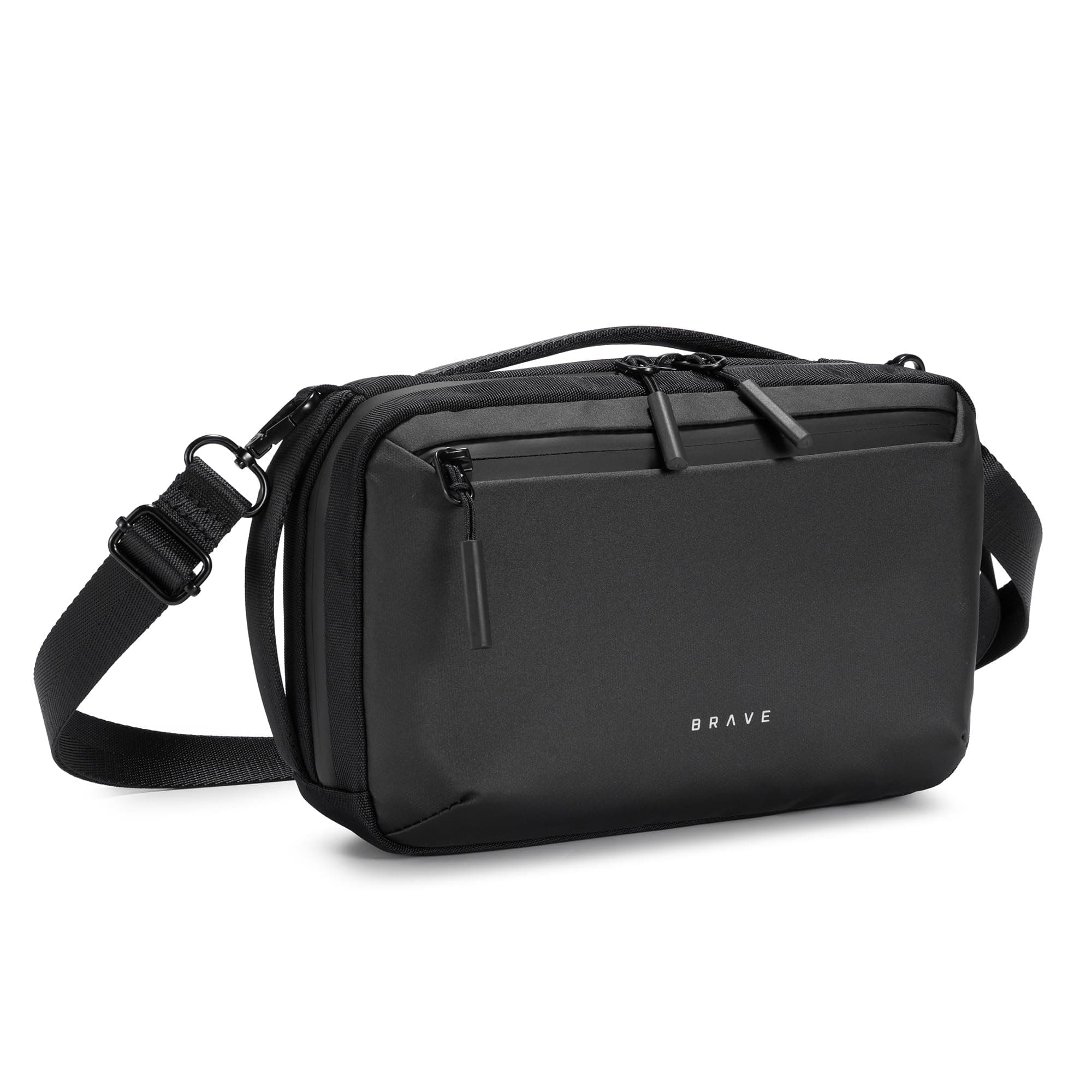 BRAVE Tech Pouch with Shoulder Strap & Dual Handles | Slim 9cm Electronics Organizer Bag | Shockproof Waterproof Case for Chargers, Earbuds, Power Bank & Travel Accessories - Black (BTP-05)