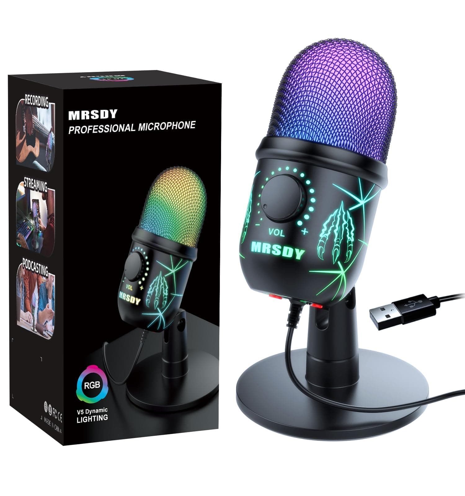 MRSDY USB Microphone, Plug and Play Gaming Mic for PC, Mac, PS4/5, Podcast Microphone with RGB, Mute, Monitor, Noise Reduction, Volume Gain, Great for Recording, Streaming
