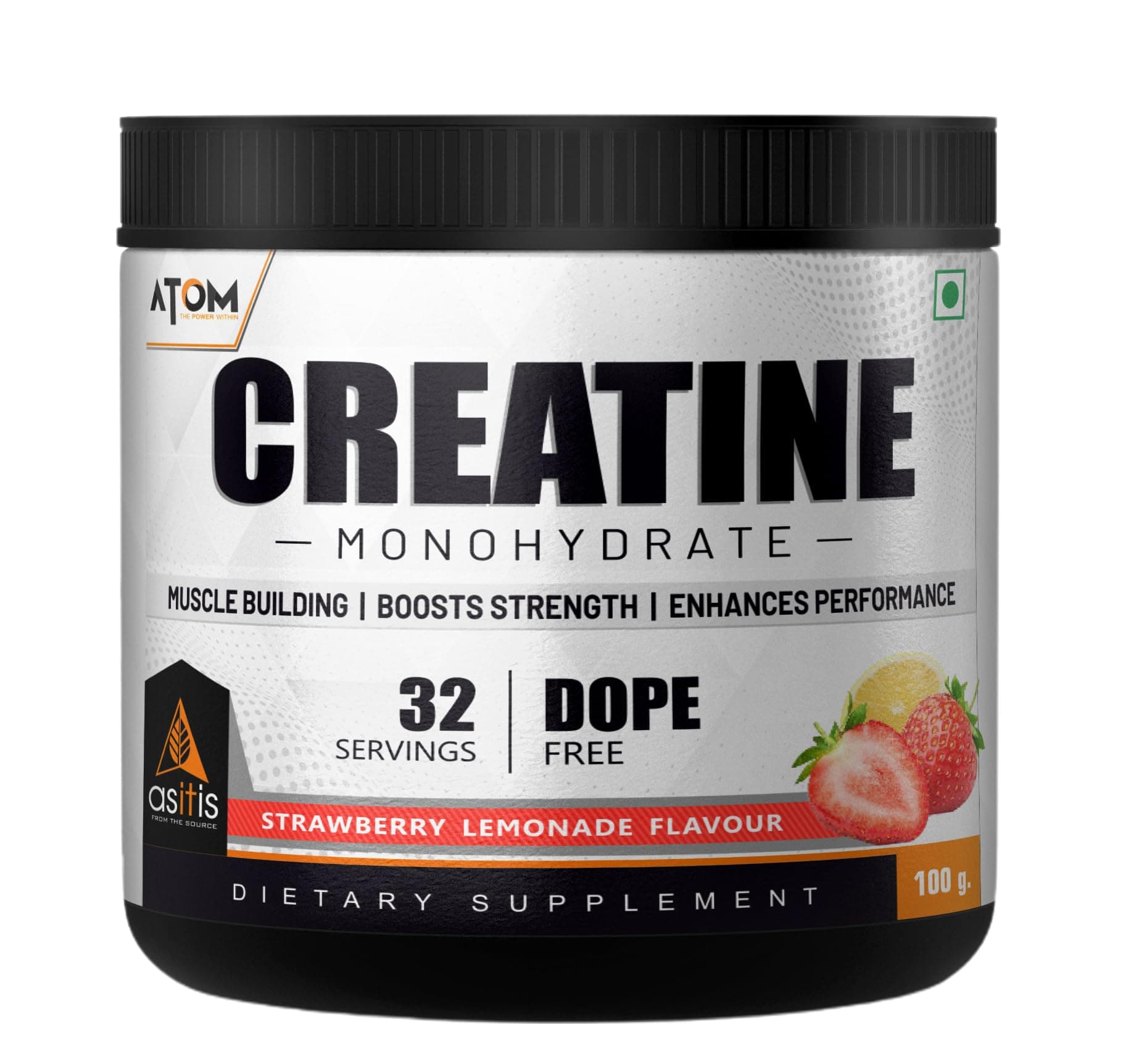 AS-IT-IS ATOM Creatine Monohydrate 100g - 32 Servings, Strawberry Lemonade, Dope free, Enhances Performance, Promotes Muscle Gains