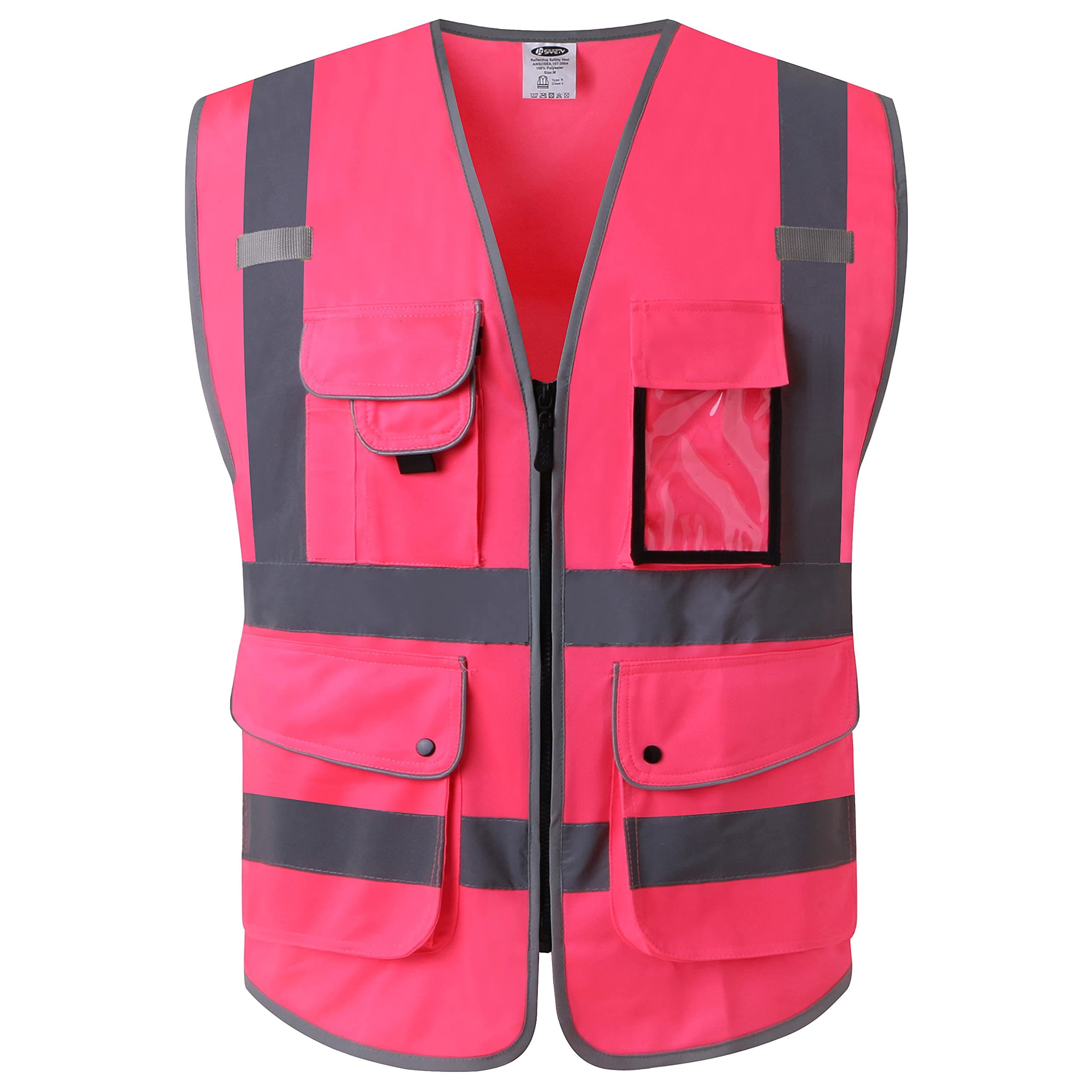 JKSafety 9 Pockets Class 2 High Visibility Zipper Front Safety Vest With Reflective Strips, Meets ANSI/ISEA Standards (Medium, 150-Pink)