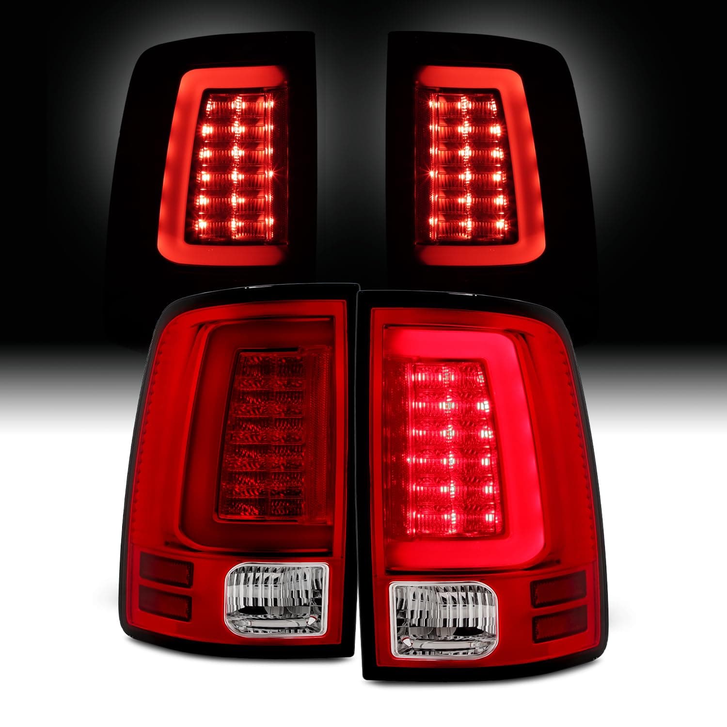 AKKON - For [C-Shape LED Light Lube] 2009-2018 Dodge Ram Pickup Truck (DS/DJ/D2) v2 Red Clear Tail Lights Rear Brake Lamps Left+Right