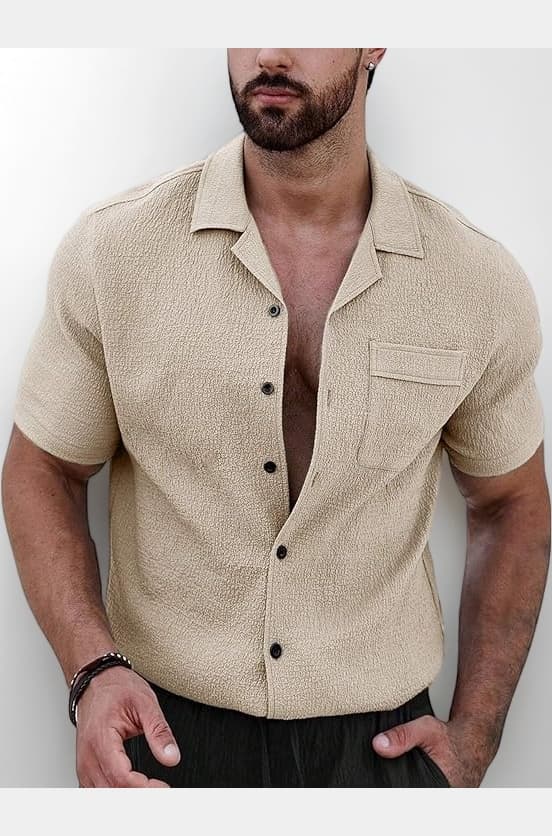 Casual Textured Solid Shirt for Men Short Sleeves Regular Fit