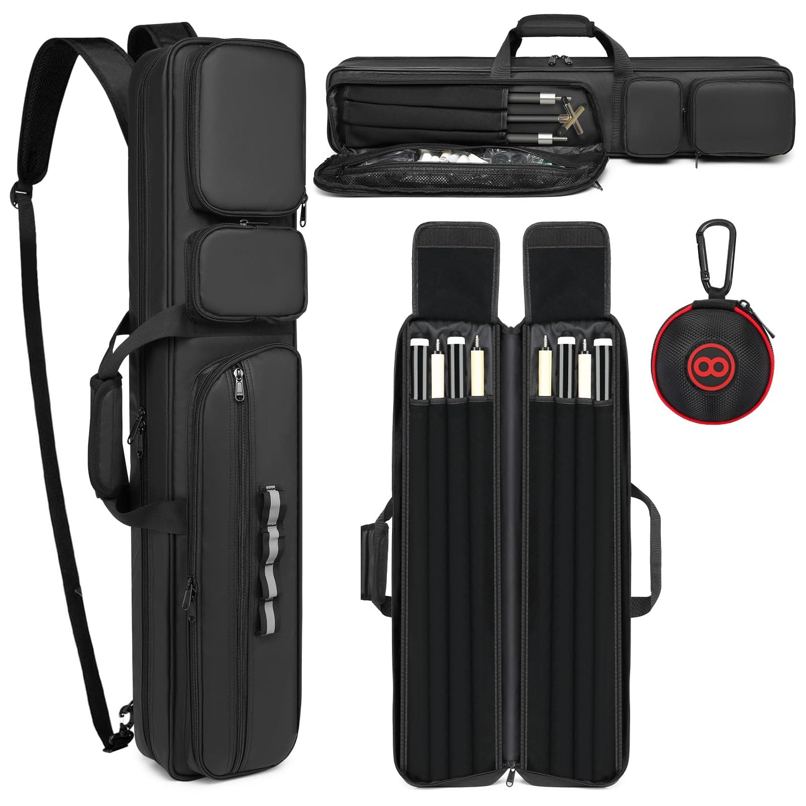 Pool Cue Case - 4x4 Padded Pool Cue Bag - Holds 4 Butts and 4 Shafts, Multiple Accessory Pockets