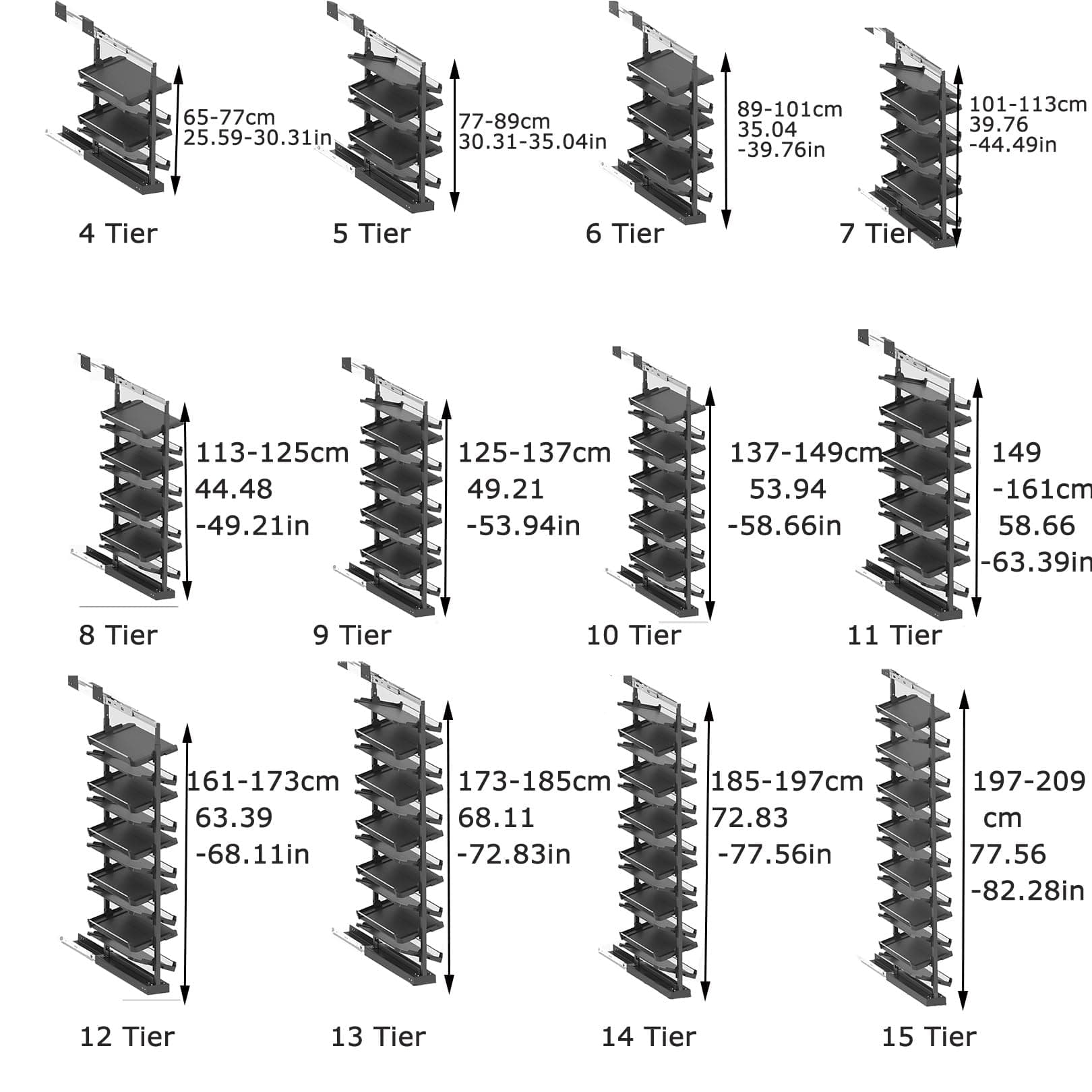 Pull-Out Shoe Rack Organizer for Closet Shoe Cabinet,Adjustable Height Retractable Metal Stackable Shoe Rack, Vertical Shelf Organizer for Small Bedroom Closet, Space Saving Storage, Black(48cm,10 Tie