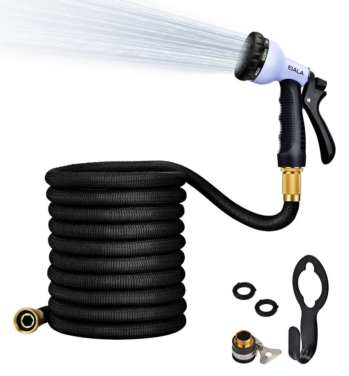 EIALA Expandable Garden Hose Magic Hose Water Pipe [Improved Design] NO Kinks Never Tangles with FREE Hose Holder & 8 Pattern Nozzle/Spray Gun & Solid Brass Fittings & Universal Connector (50ft)