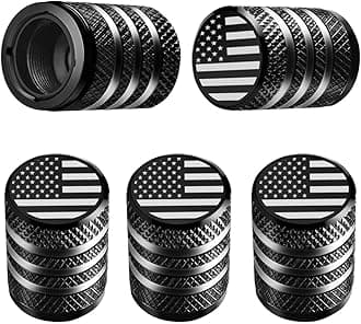 Tire Valve Stem Cap Cover - (5 Pack) Tire Air Cap Metal with Plastic Liner Corrosion Resistant Leak-Proof American Flag for Car Truck Motorcycle Bike Black