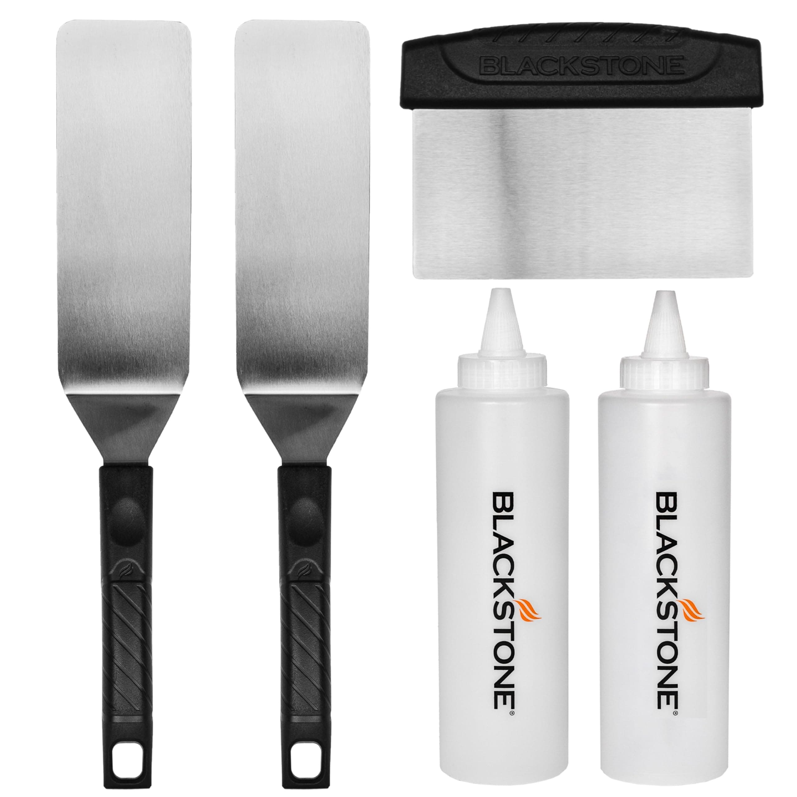 Blackstone 5 Piece Professional Grade Grill Griddle BBQ Tool Kit with FREE Recipe Book - 2 Spatulas, 1 Chopper Scrapper and 2 Bottles - Great for Flat Top Cooking, Camping and Tailgating
