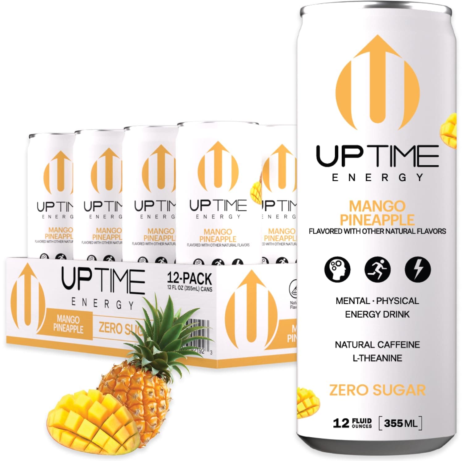 UPTIME Energy - Mango Pineapple - Zero Sugar (12 Pack), Premium Energy Drink, 12oz Cans, Natural Caffeine, Sparkling, Natural Flavors, 5 Calories