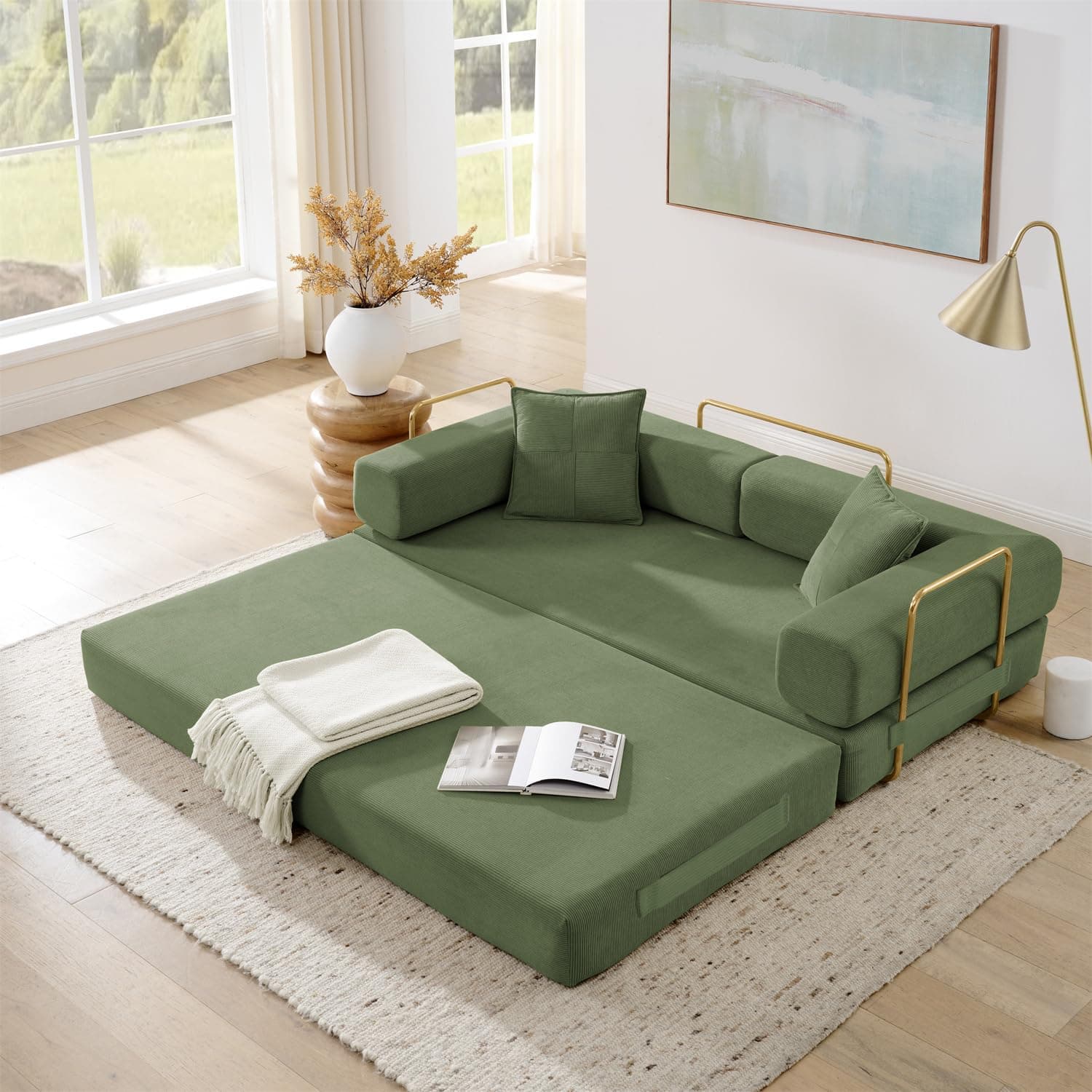 4-in-1 Folding Convertible Sofa Bed, 78 Inch Oversized Corduroy Upholstered Boneless Couch, Loveseat Sleeper with Pull Out Bed, Floor Sofa Modular Futon Couch for Living Room Bedroom Lounge, Green