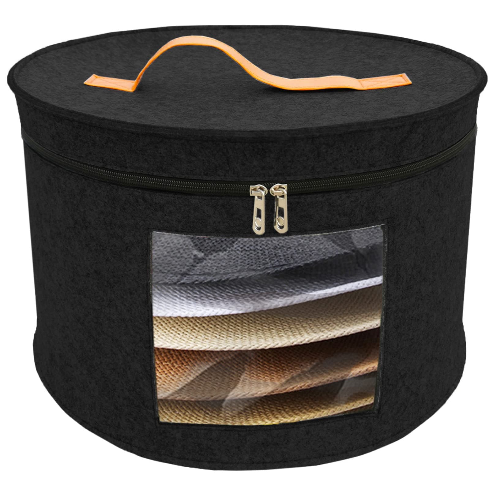 Hat Storage Box Portable Felt Organizer Bucket Foldable Large Capacity Round Travel Hat Container with Dust Proof Lid, Stuffed Animal Toys and Clothes Storage Bin Bag (Black)