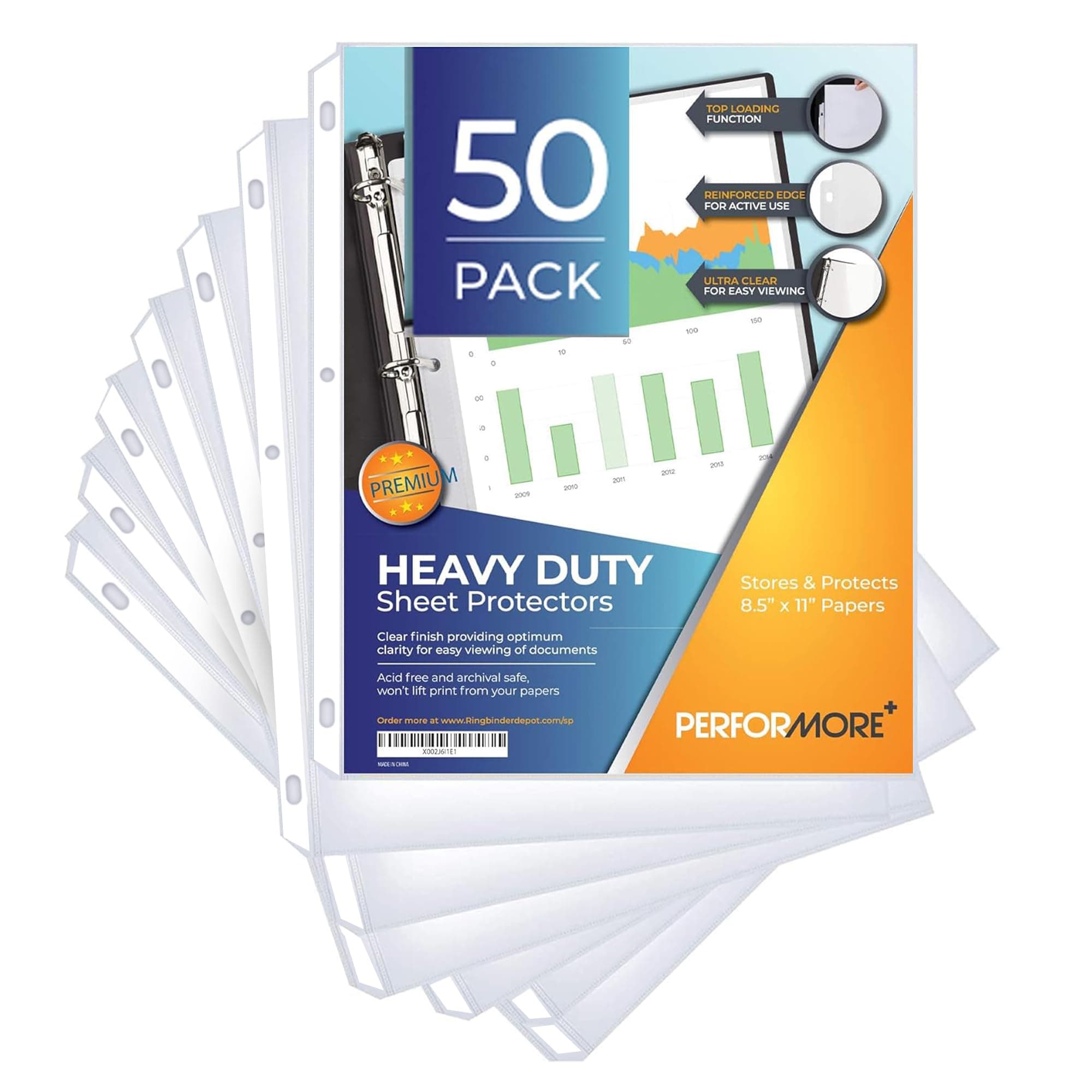 50 Sheet Protectors 8.5 x 11 for 3 Ring Binder, Heavy Duty, Clear Page Protectors, Polypropylene Plastic Sleeves for Paper, Top Loading, Acid Free, Reinforced Holes, Archival Safe - Performore