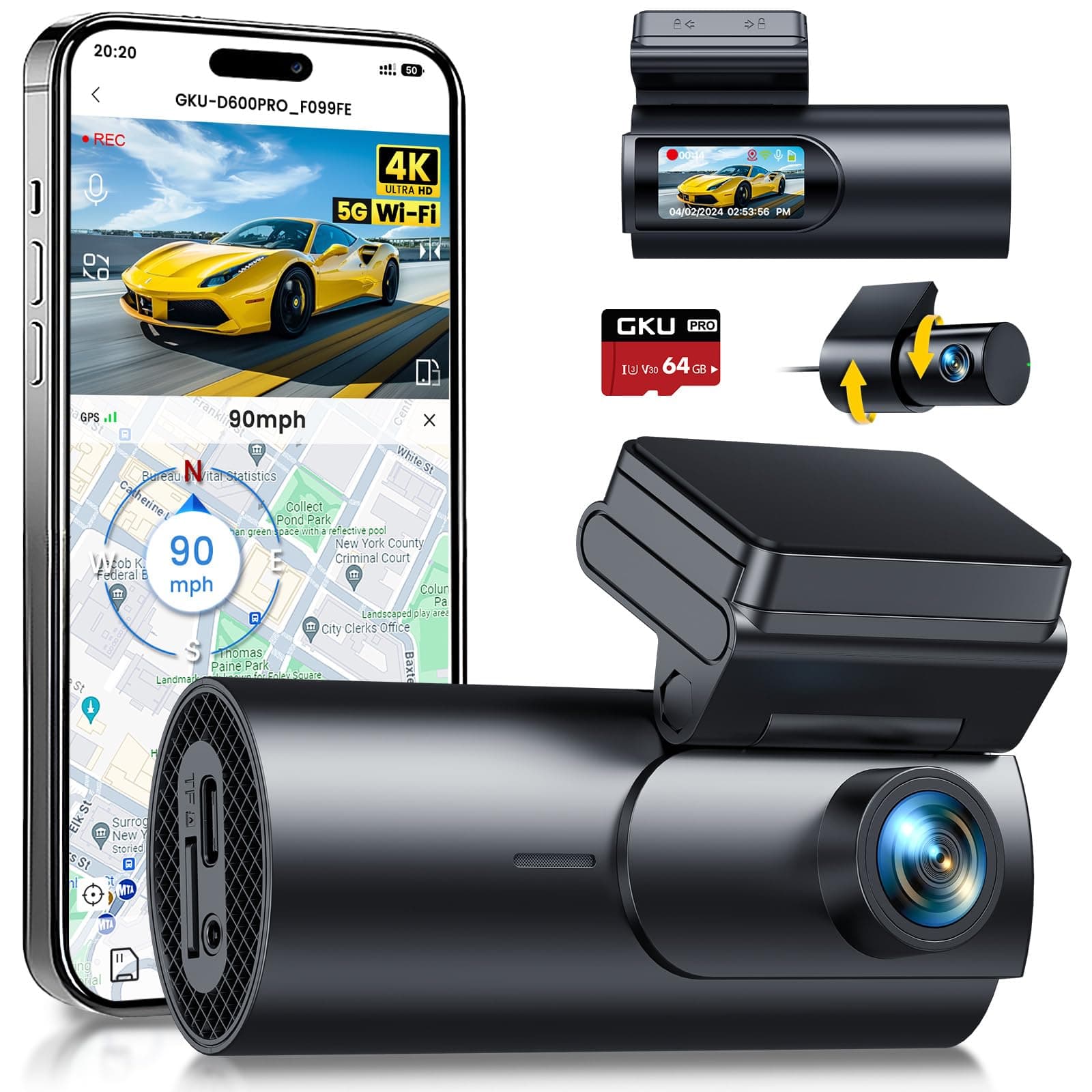 GKU Dash Cam Front and Rear Camera,4K+1080P, 5.8GHz WiFi & GPS Dash Camera for Cars,with 64G SD Card,1.47" Display Dashcam, 24HParking Mode,App,Super Night Vision,Support Max 256GB (D600Pro)