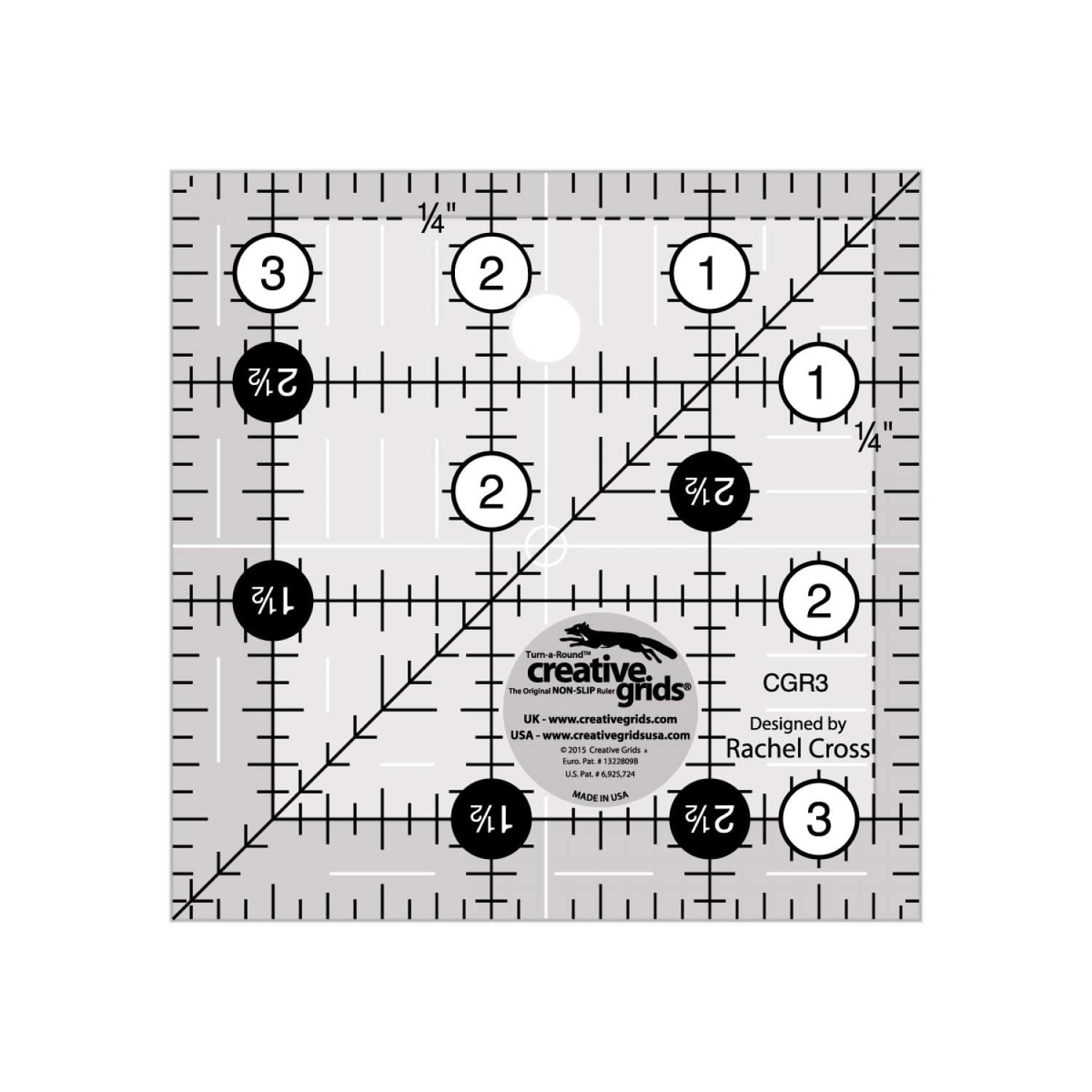 Quilt Ruler 3-1/2in x 3-1/2in Square – CGR3 – Made in USA, Non-Slip Grip Acrylic Quilting, Sewing, Crafting, Patchwork Ruler for Measuring & Cutting Fabric