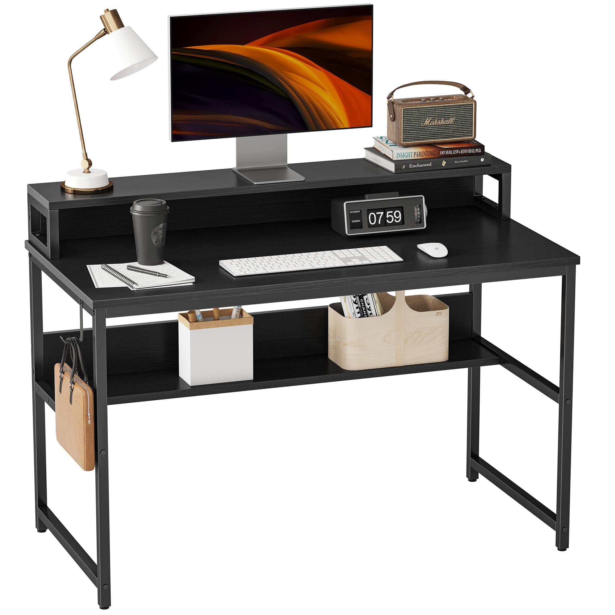Cubiker Computer Home Office Desk, 47" Small Desk Table with Storage Shelf and Bookshelf, Study Writing Table Modern Simple Style Space Saving Design, Black