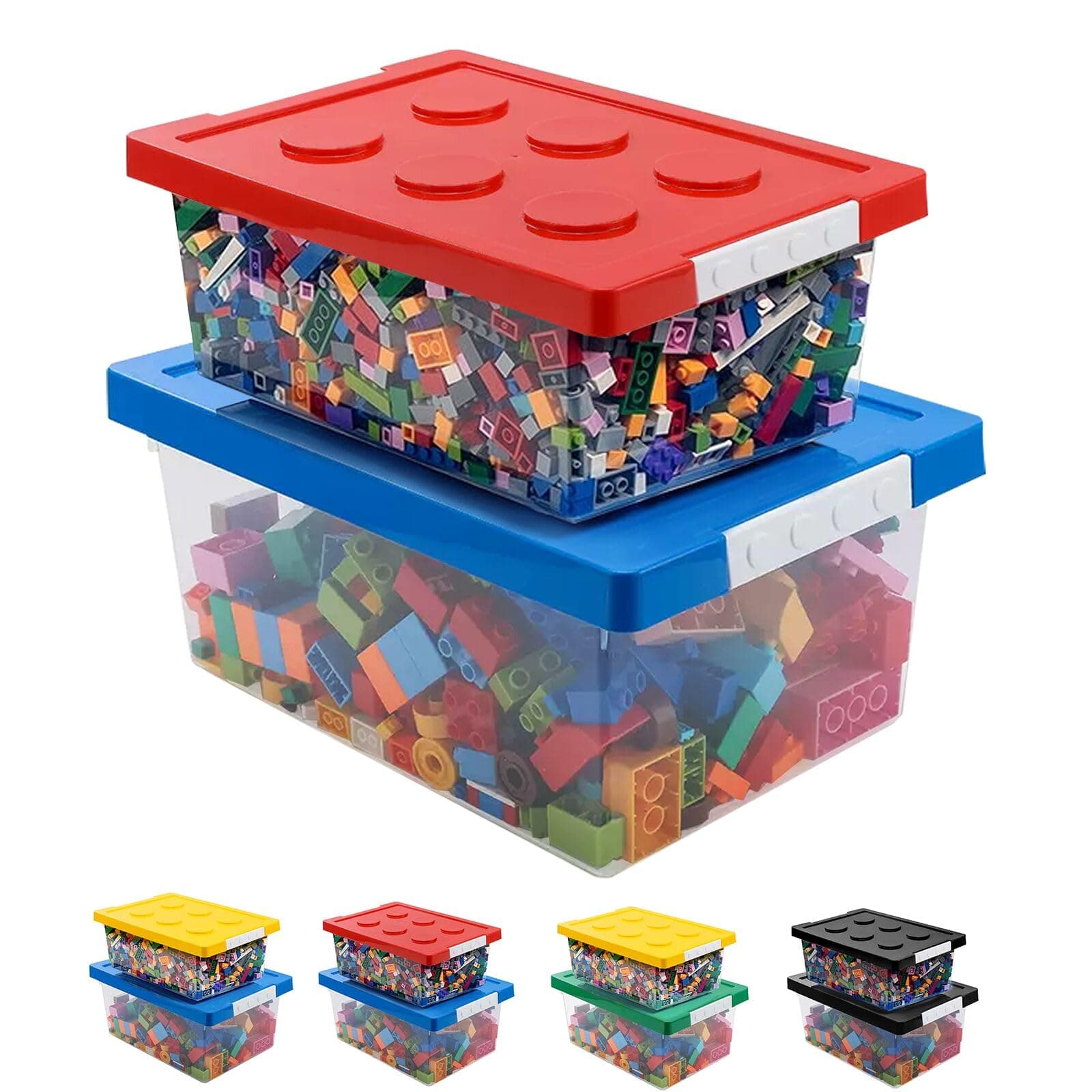 loobuu Plastic Storage Bins with Lids - Stackable Toy Storage Organizer Box Set of 2, Toy Chests with Compatible Building Baseplate and Lid, Storage Container for Building Bricks - Red+Blue