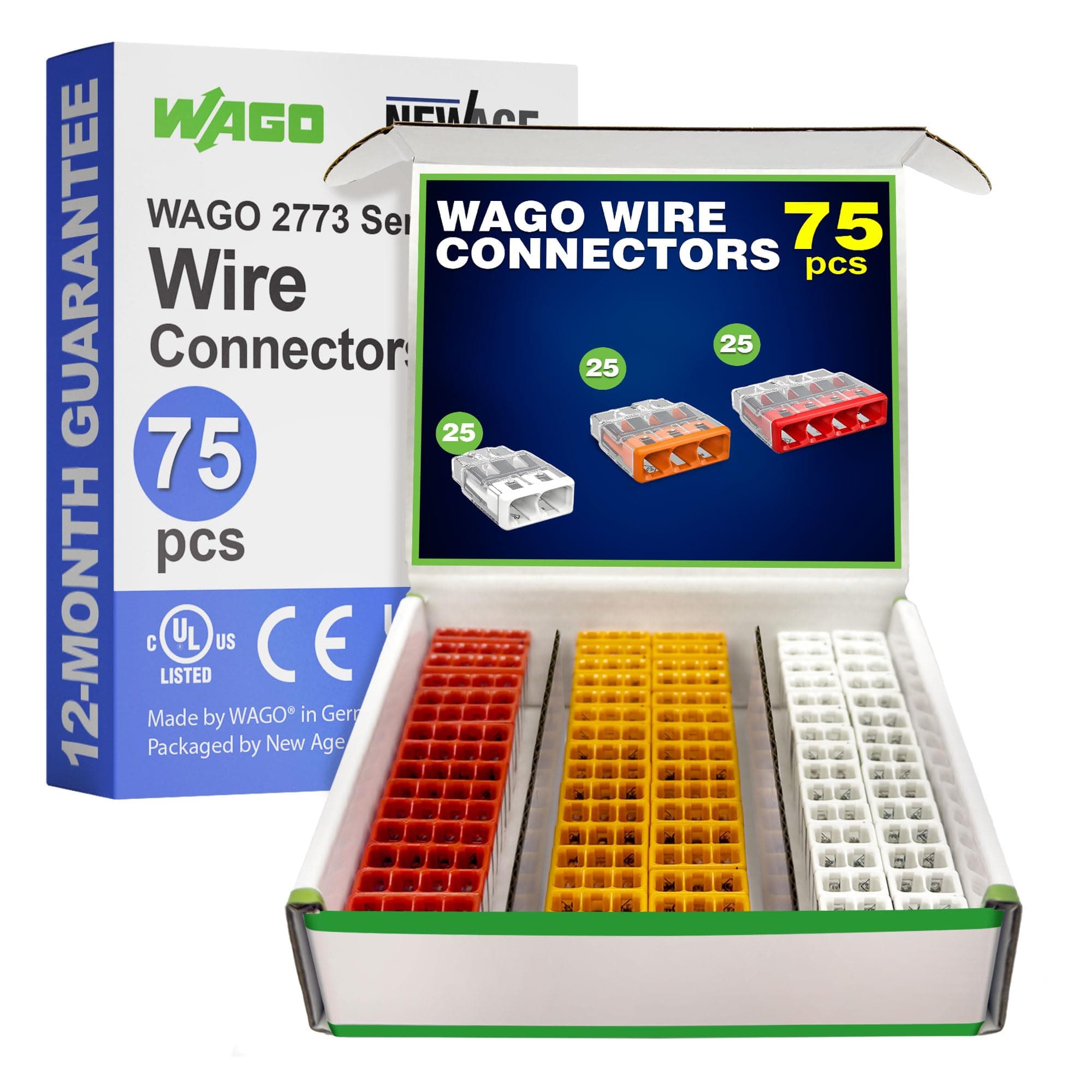 WAGO 2773 Series 75pc Push in Compact Splicing Wire Connectors | Includes (25x 2773-402), (25x 2773-403), (25x 2773-404) | WAGO 2773 Wall Nuts | Push in Wire Connectors | (2-Port) (3-Port) (4-Port)