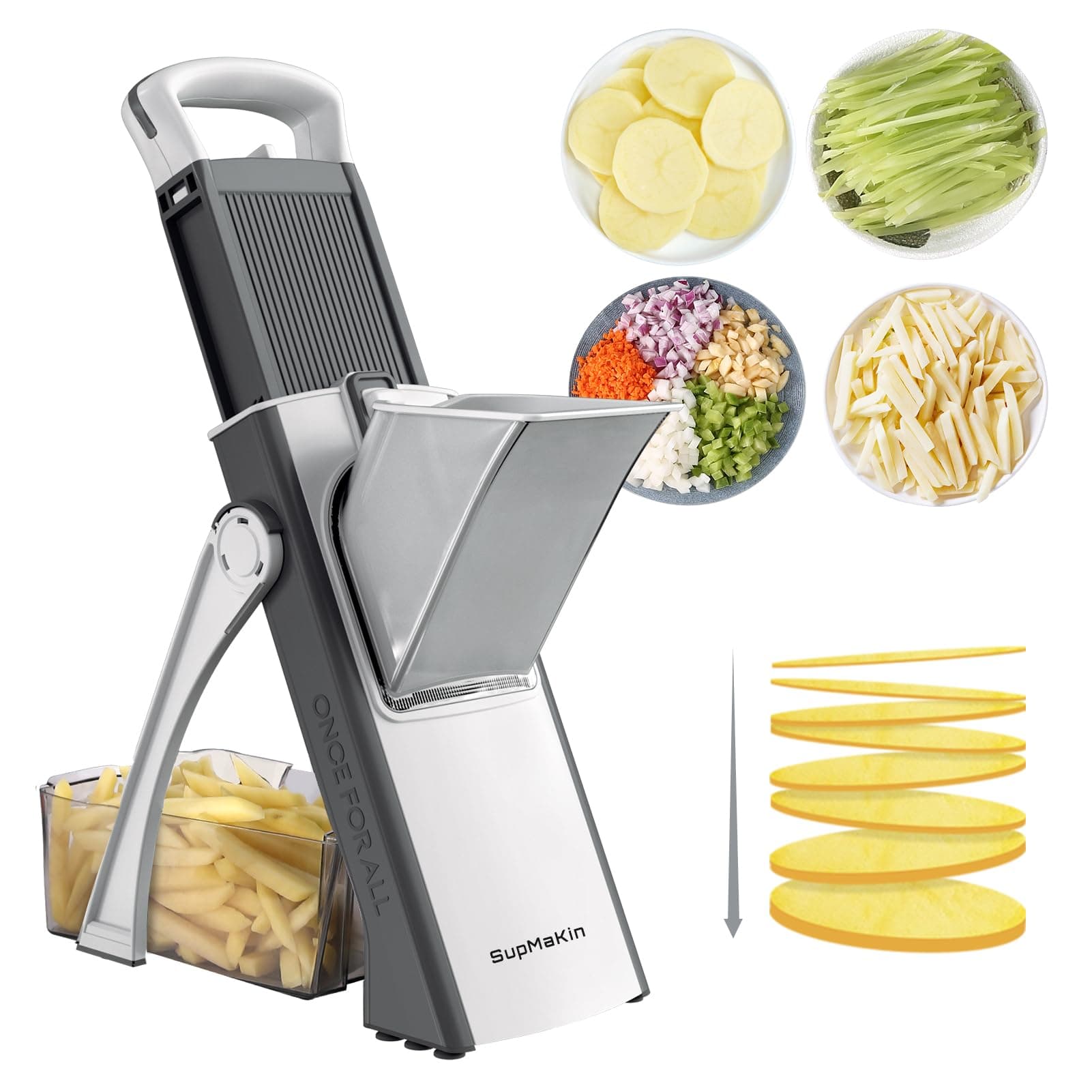 SupMaKin Upgrade Safe Mandoline Slicer, Multi Vegetable Chopper, Potato Slicer, Vegetables Slicer Onion Chopper Fry Cutter, Kitchen Chopping Artifact (GrayWhite)