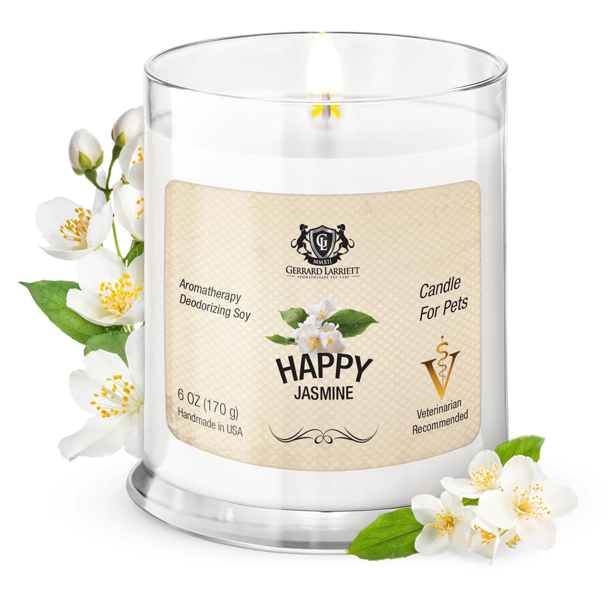 Jasmine Aromatherapy Deodorizing Soy Candle For Pets, Candles Scented, Pet Odor Eliminator & Animal Lover Gift - 6 OZ (170 g)
