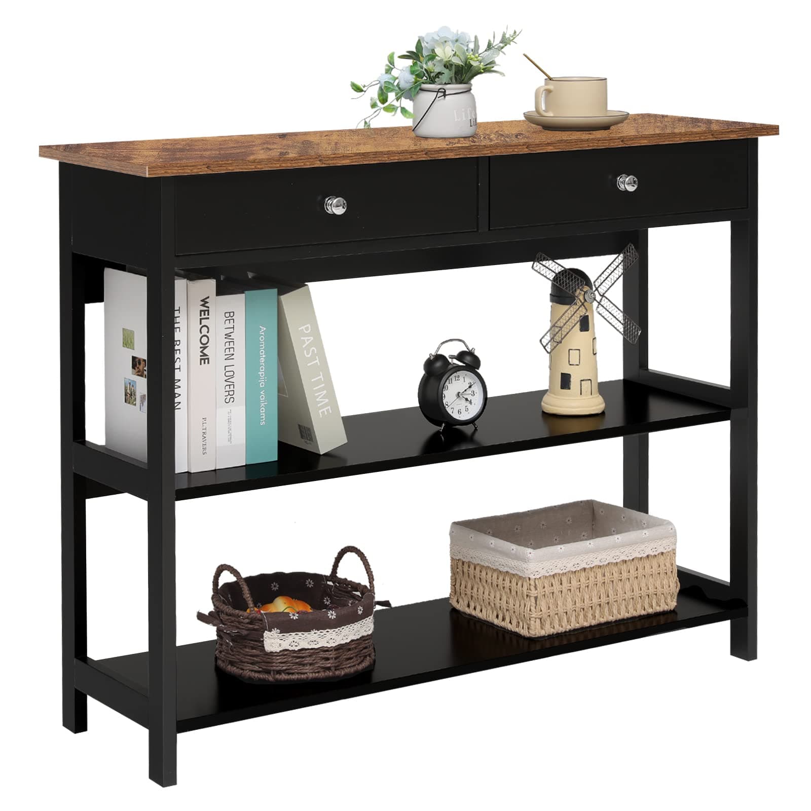 usikey Console Table with 2 Drawers, 3-Tier Sofa Table, Entryway Table for Hallway, Living Room, Easy Assembly, Black