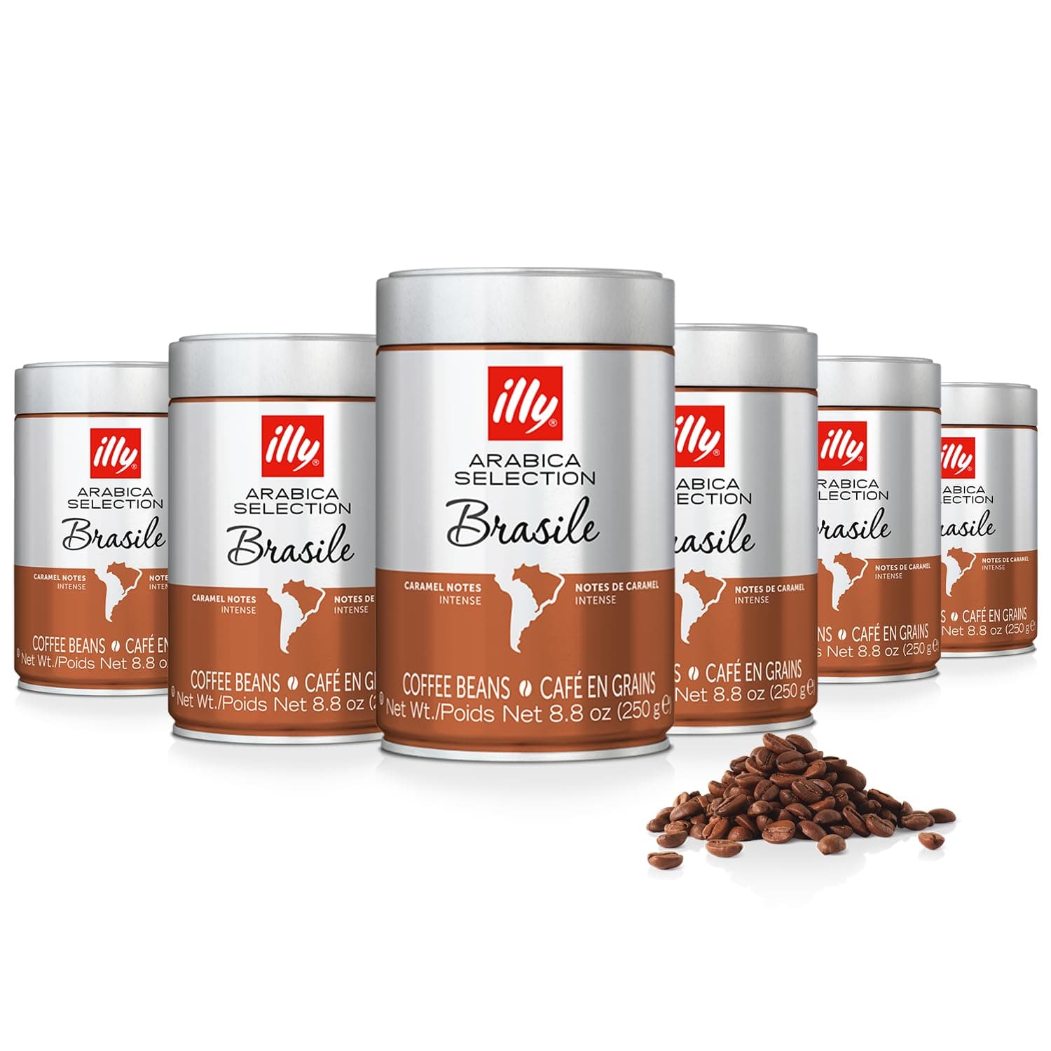Illy Whole Bean Coffee, Brazil Bold Roast - Intense with Notes of Caramel - 100% Arabica - Whole Beans - Pressurized Packaging Sealed for Freshness - 8.8oz can (Pack of 6)